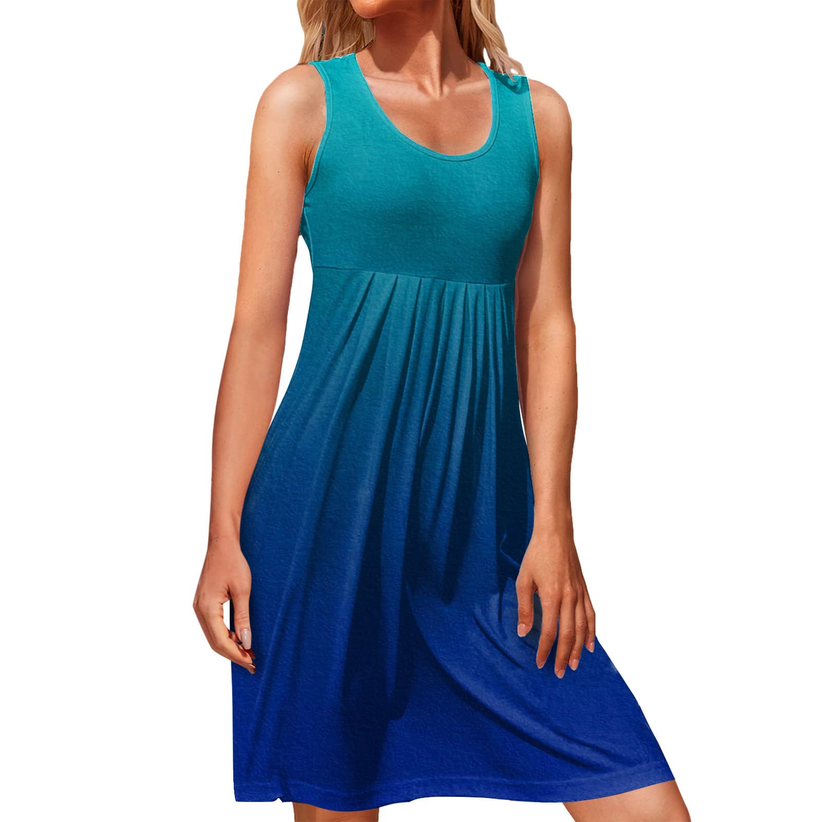 Women's Comfy Summer Dresses - Casual Loose Tank Dress with Gradient Print & Pleated Design | Perfect for Beach Vacation, Outdoor Picnic and Summer Travel