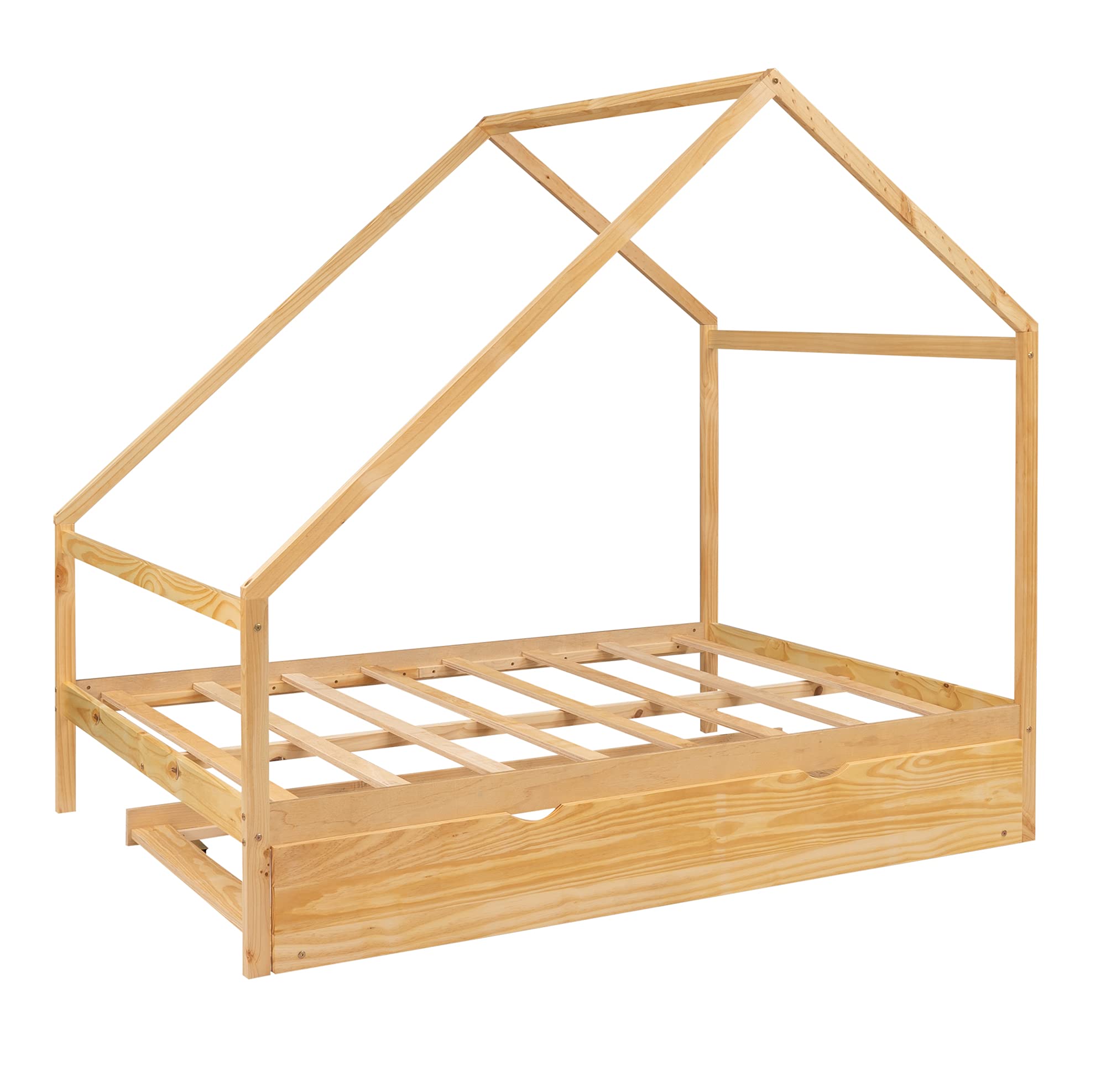 Solid Wood Full Size House Bed with Twin Trundle - Daybed & Sofa Bed Frame with Roof for Kids, Teens & Toddlers | Natural Wood Finish | Perfect for Bedrooms, Playrooms & Guest Rooms