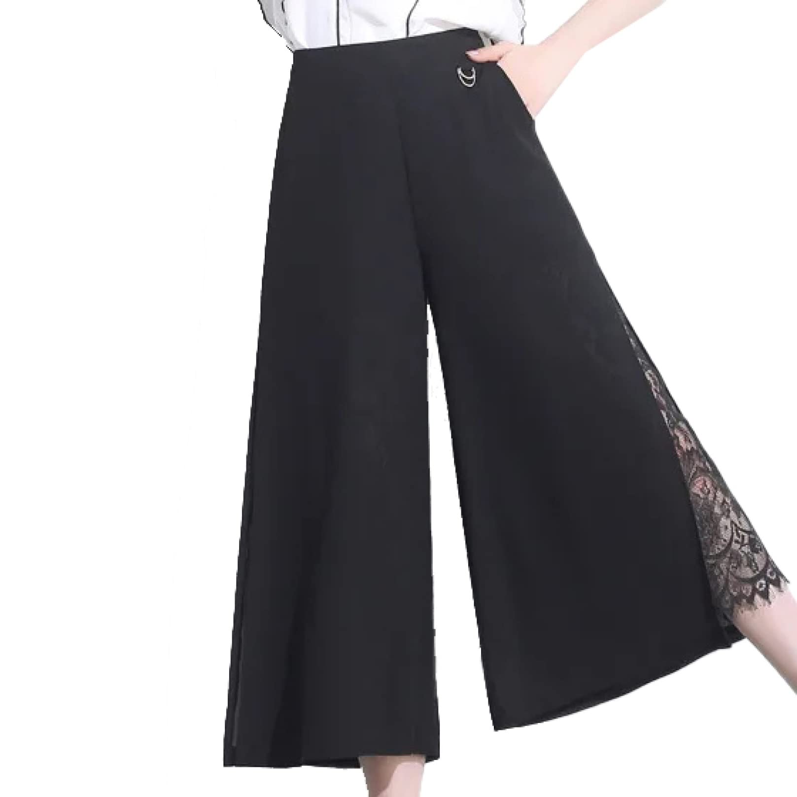 Women's High Waist Wide Leg Chiffon Pants - Korean Fashion Summer Trousers with Lace Split Detail | Casual Comfort for Office, Travel & Date Night