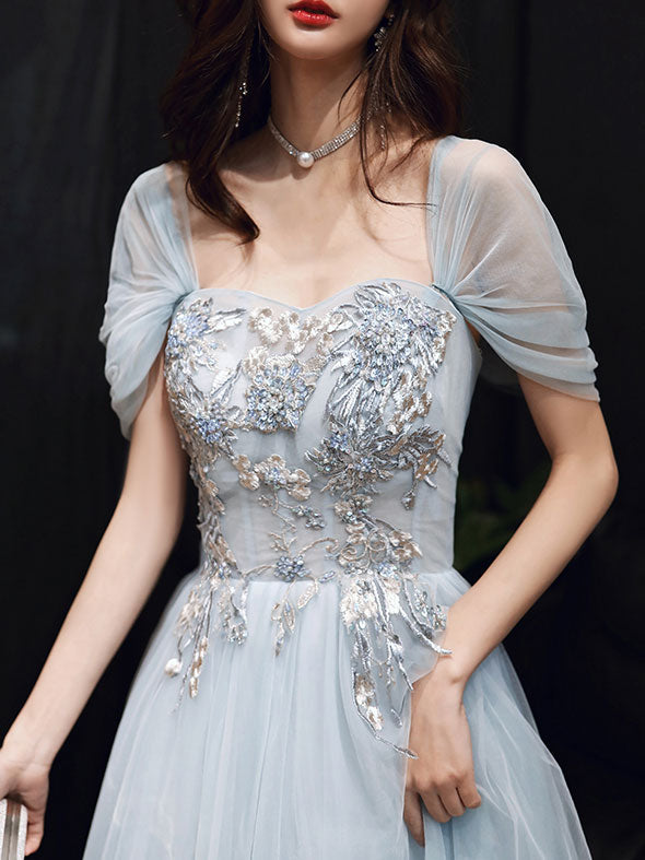 Elegant Blue Tulle Off Shoulder Lace Long Prom Dress - Formal Evening Gown for Homecoming, Wedding, and Special Occasions