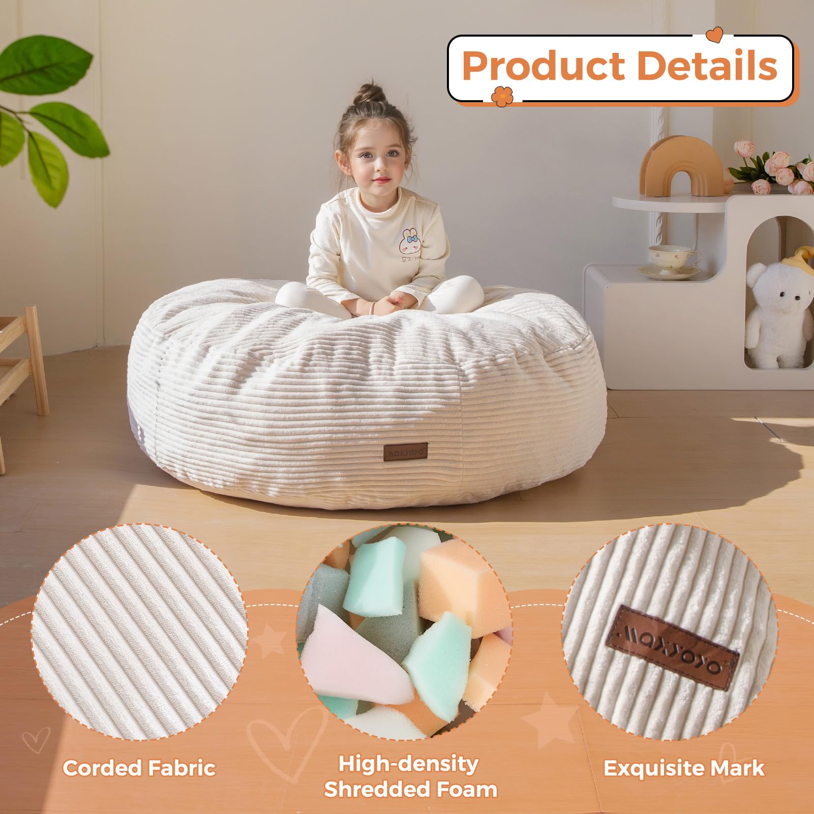 MAXYOYO 3-in-1 Convertible Kids Bean Bag Chair & Bed - Corduroy Round Floor Sofa for Children's Room, Gaming & Reading - Beige | Perfect for Playroom, Bedroom & Dorm Decor
