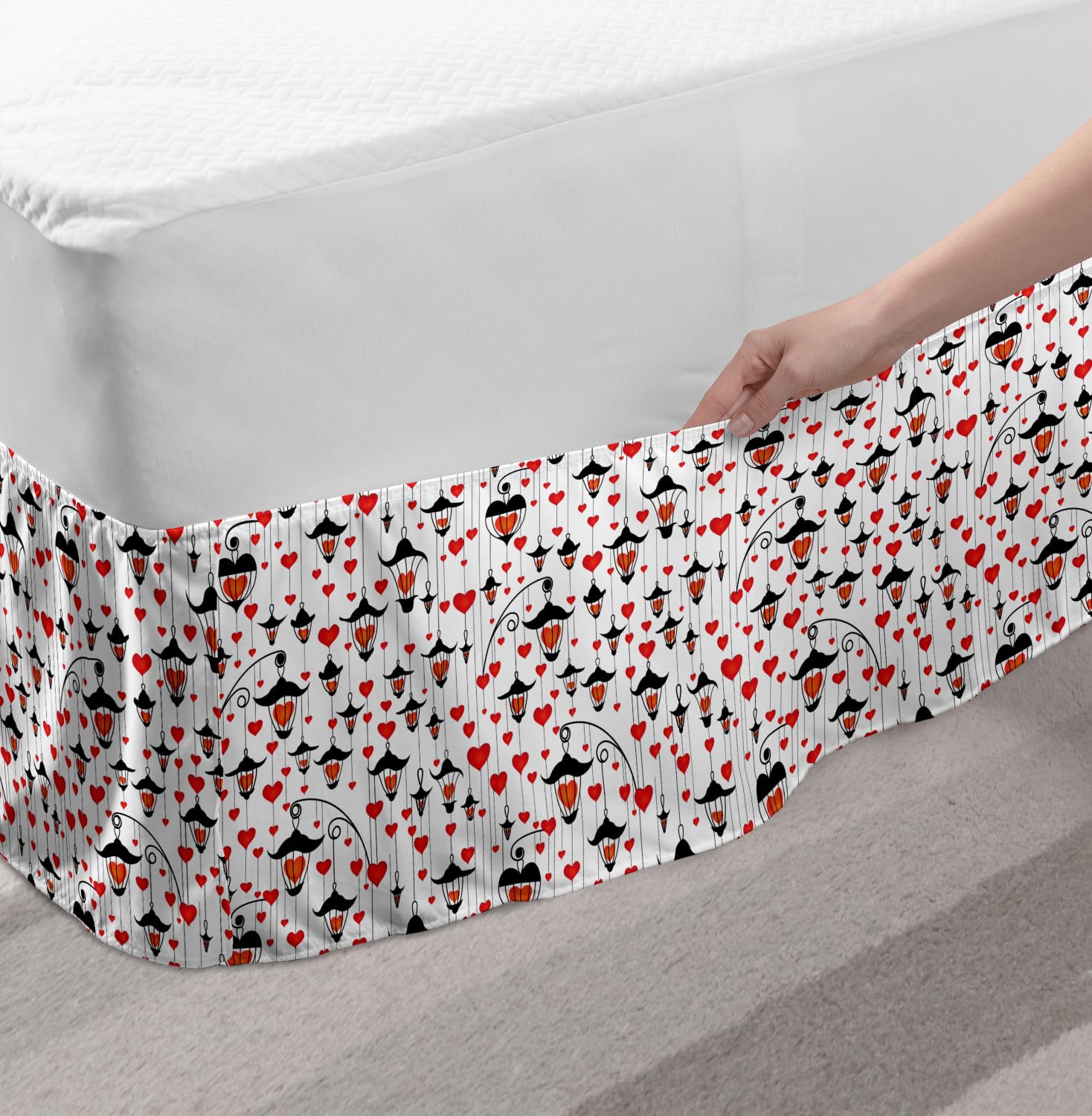 Ambesonne Love Elastic Bed Skirt - Romantic Valentine's Day Hearts & Antique Lamp Pattern, Wrap Around Dust Ruffle for Queen Size Beds (Vermilion/Scarlet) - Perfect for Bedroom Decor & Special Occasions