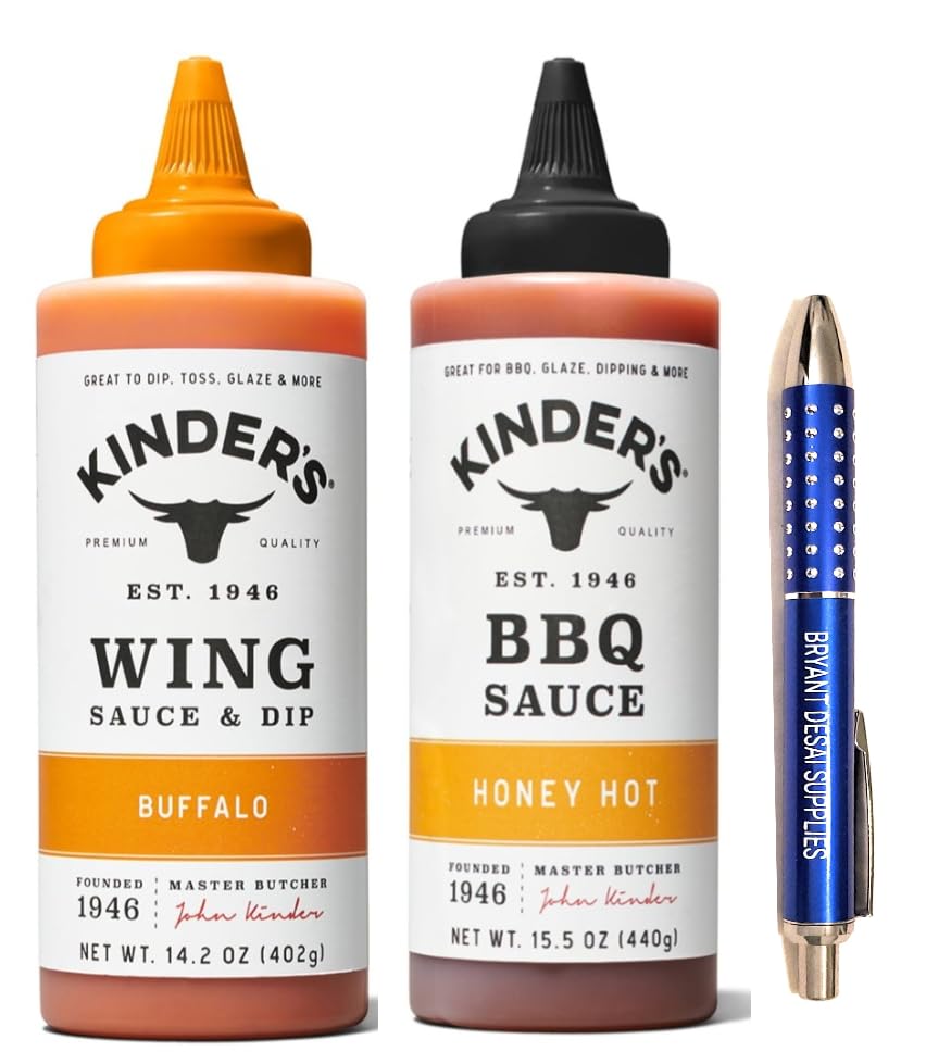 Kinders Buffalo Buttery Wing Sauce 14.2oz & Honey Hot BBQ Sauce 15.5oz Combo Pack - Premium Flavor for Chicken Wings, Ribs, and Grilling - Packaged by Bryant Desai Supplies