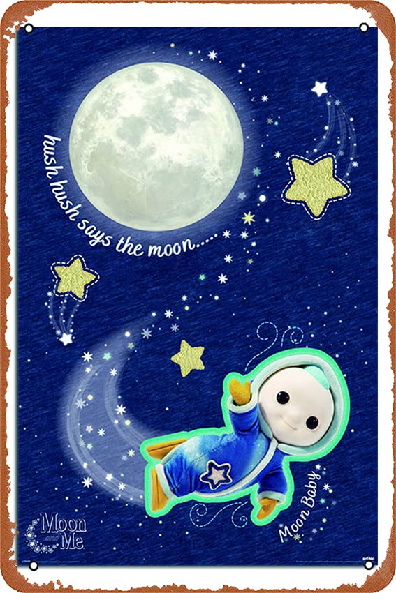 Moon and Me Hush Hush Says The Moon Vintage Metal Tin Sign - 12x8 Inch Retro Wall Art for Home, Bar & Coffee Shop Decor - Perfect for Nursery, Man Cave or Vintage-Themed Rooms