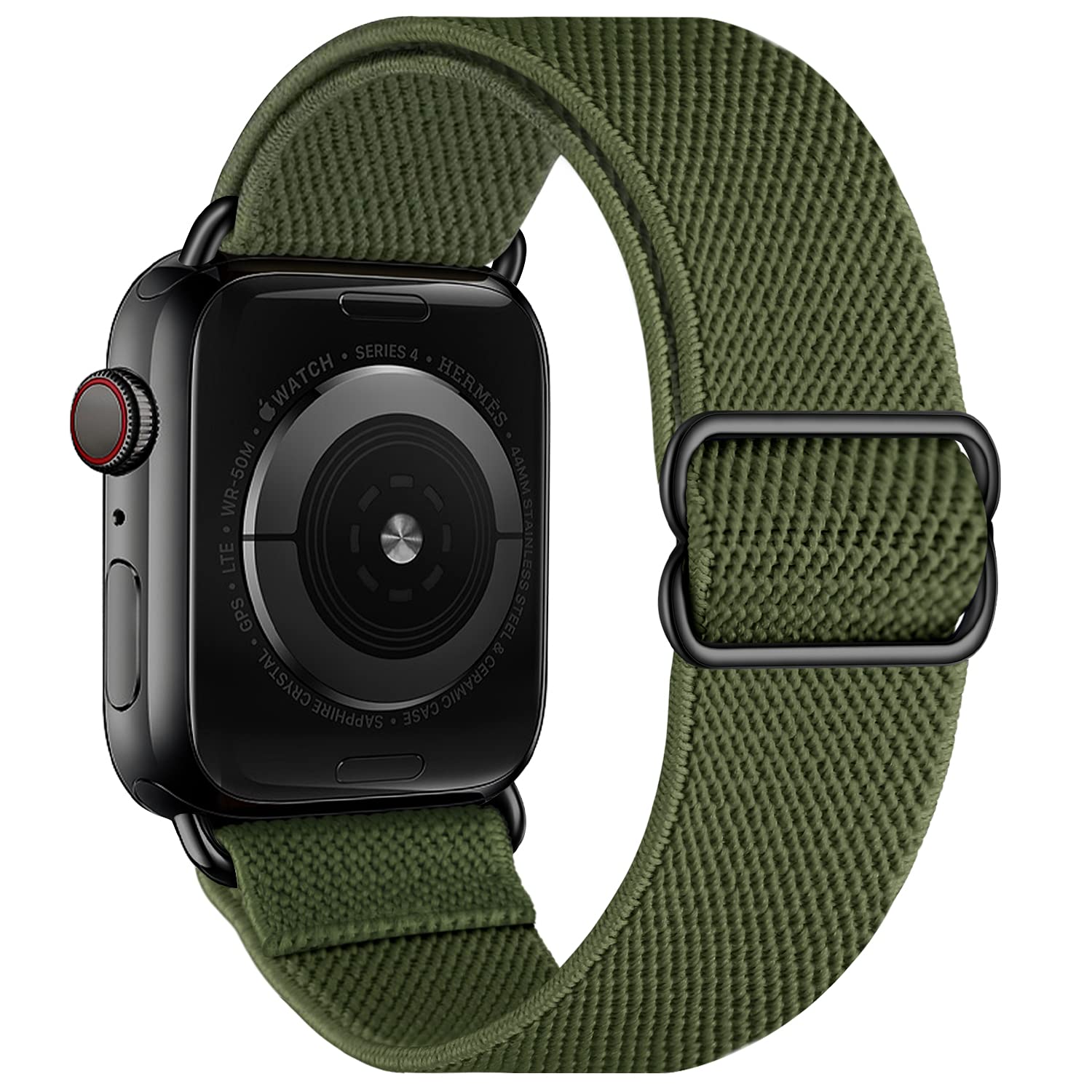 OXWALLEN Upgraded Metal Clasps Stretchy Nylon Solo Loop Bands - Compatible with Apple Watch Series 7/6/5/4/3/SE (45mm 44mm 42mm) - Adjustable Elastic Braided Strap for Women & Men - Military Green - Perfect for Workouts, Running & Everyday Wear
