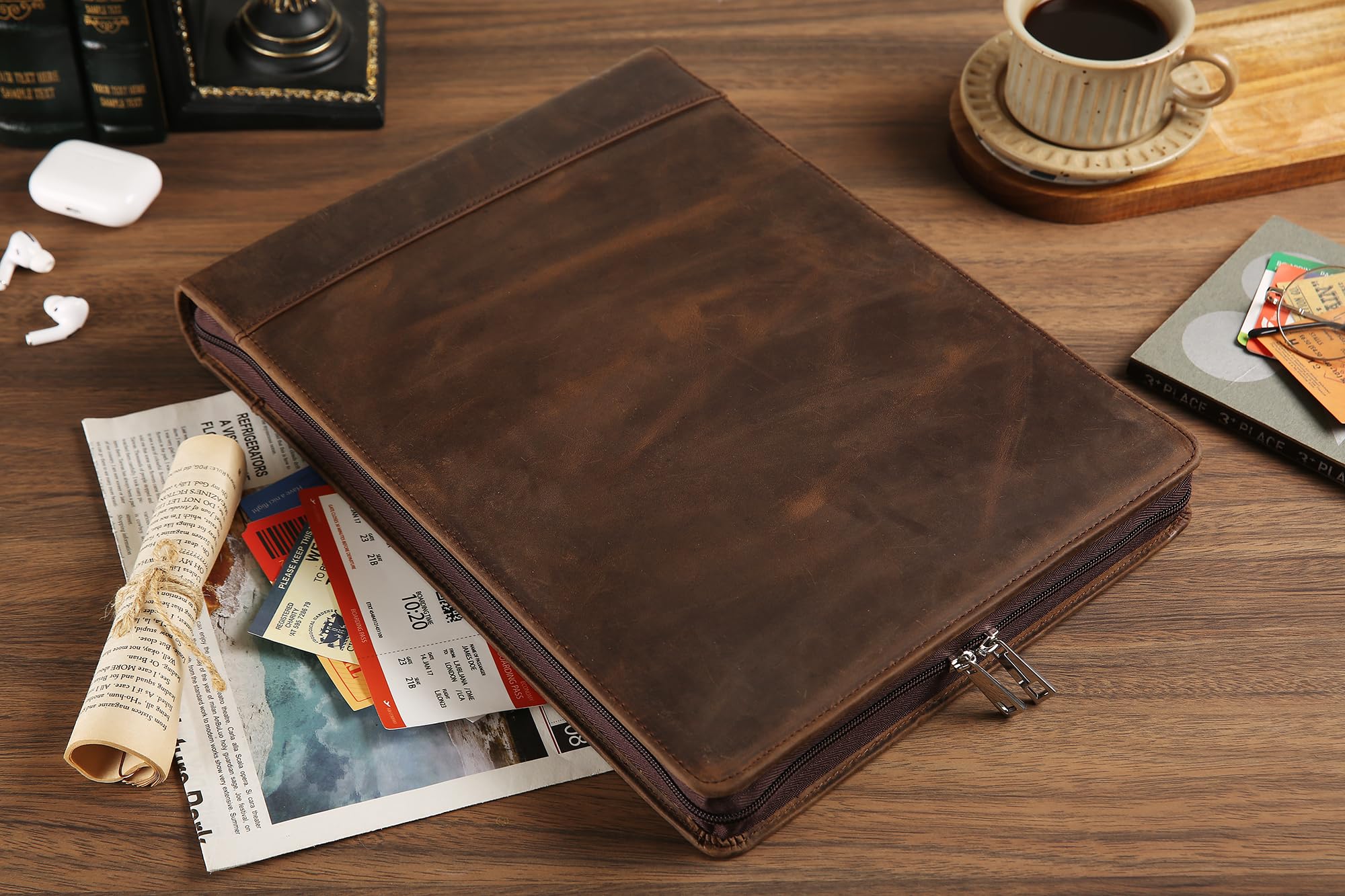 Premium Leather Business Checkbook Binder - 7-Ring Zippered Organizer with Checkbook Holder for 3 Per Page Checks, 600 Checks Capacity for 9x13 Inch Sheets, Dark Khaki - Ideal for Office, Accounting & Financial Management
