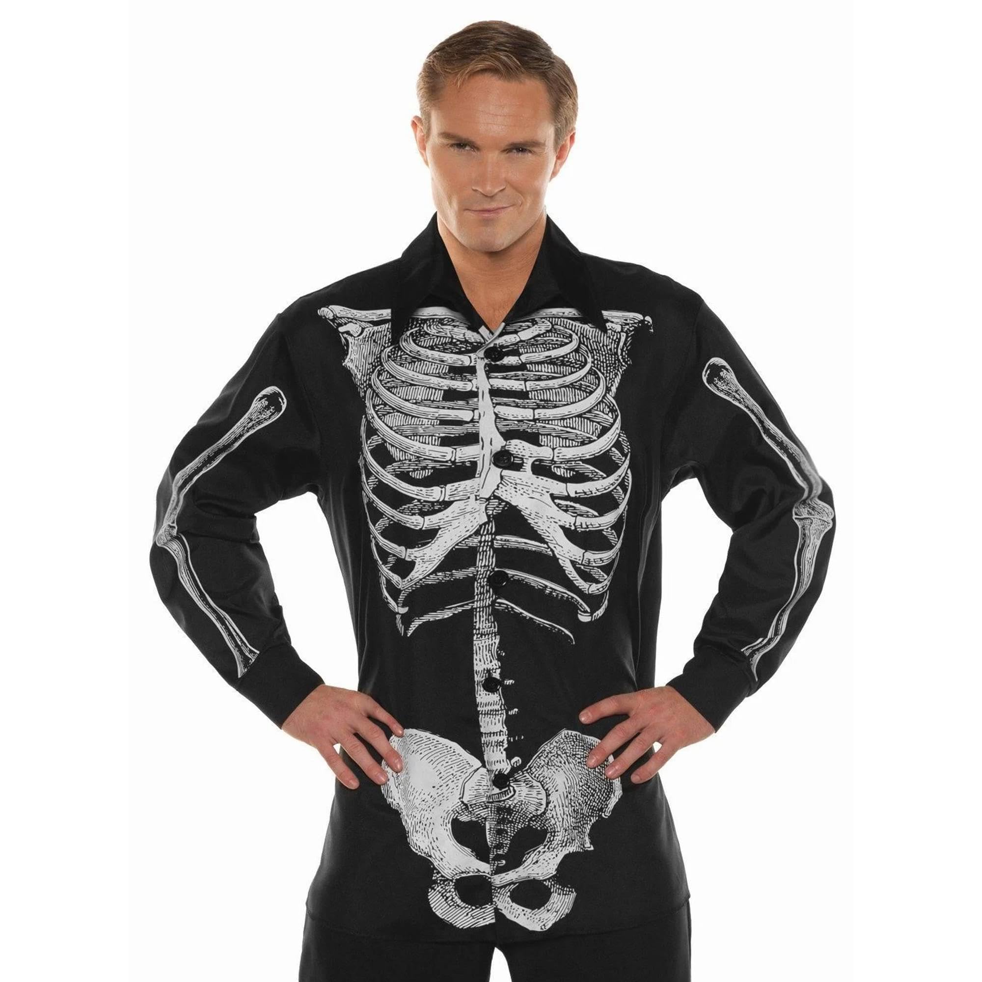 UNDERWRAPS Men's Skeleton Print Long Sleeve Button Down Dress Shirt - Screen Printed Bone Design for Halloween, Cosplay & Gothic Fashion