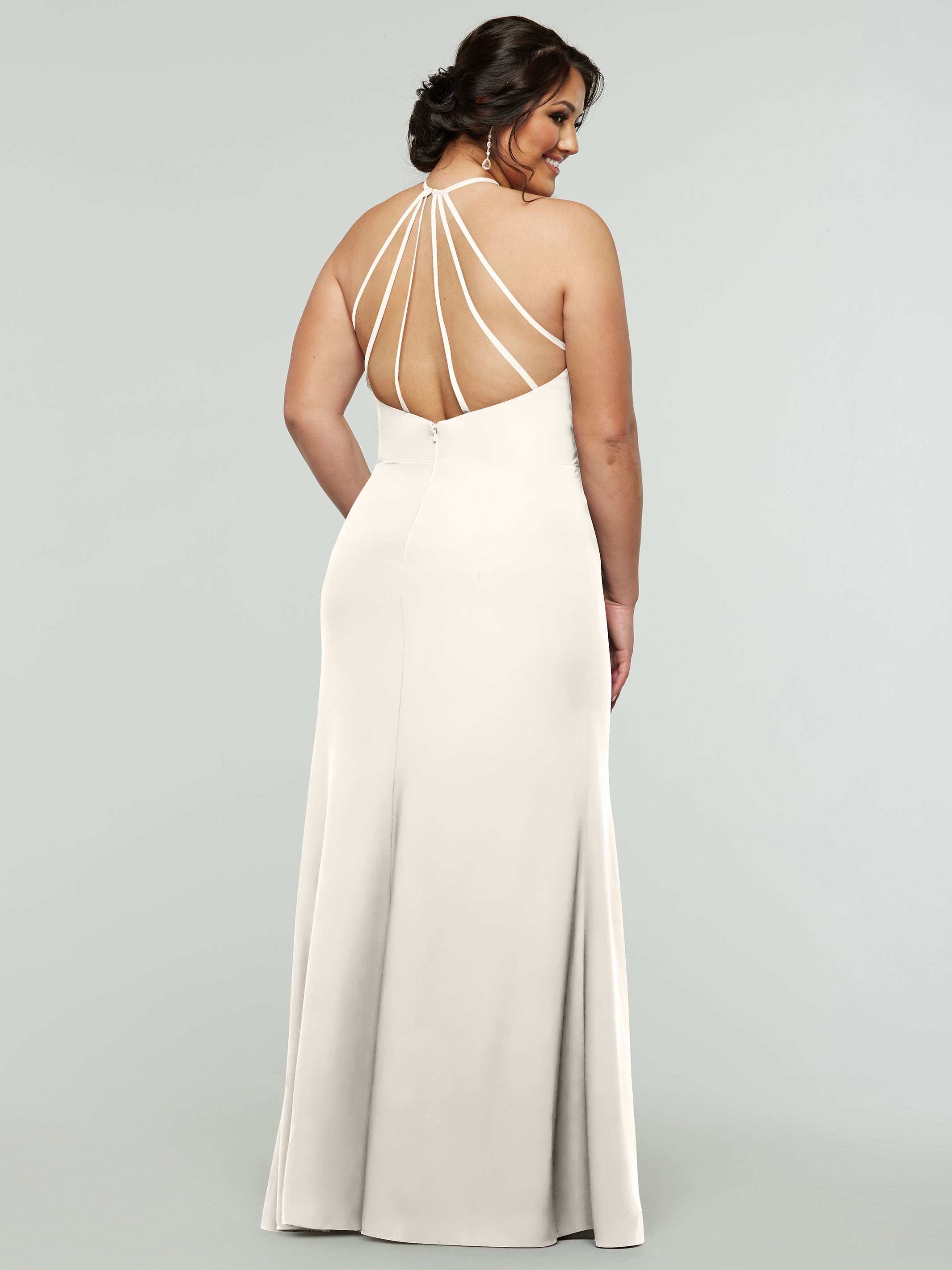 Elegant 83031 Fit and Flare Stretch Chiffon Bridesmaid Dress with Halter Neck & Thigh Slit - Perfect for Weddings, Proms, and Formal Events