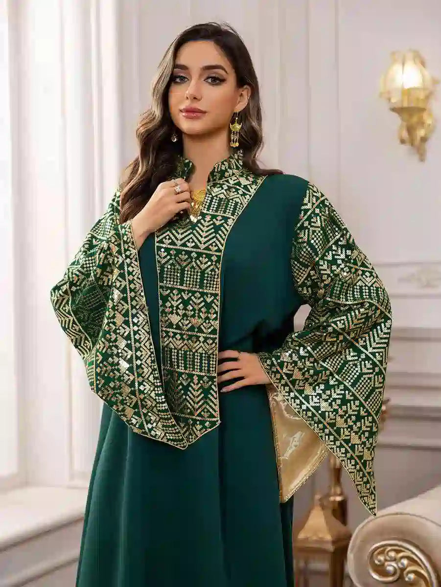 Elegant Eid Embroidery Sequins Caftan Dress for Women - Flowy Long Kaftan Gown with Beaded Details #25474 | Perfect for Eid Celebrations, Weddings & Special Occasions