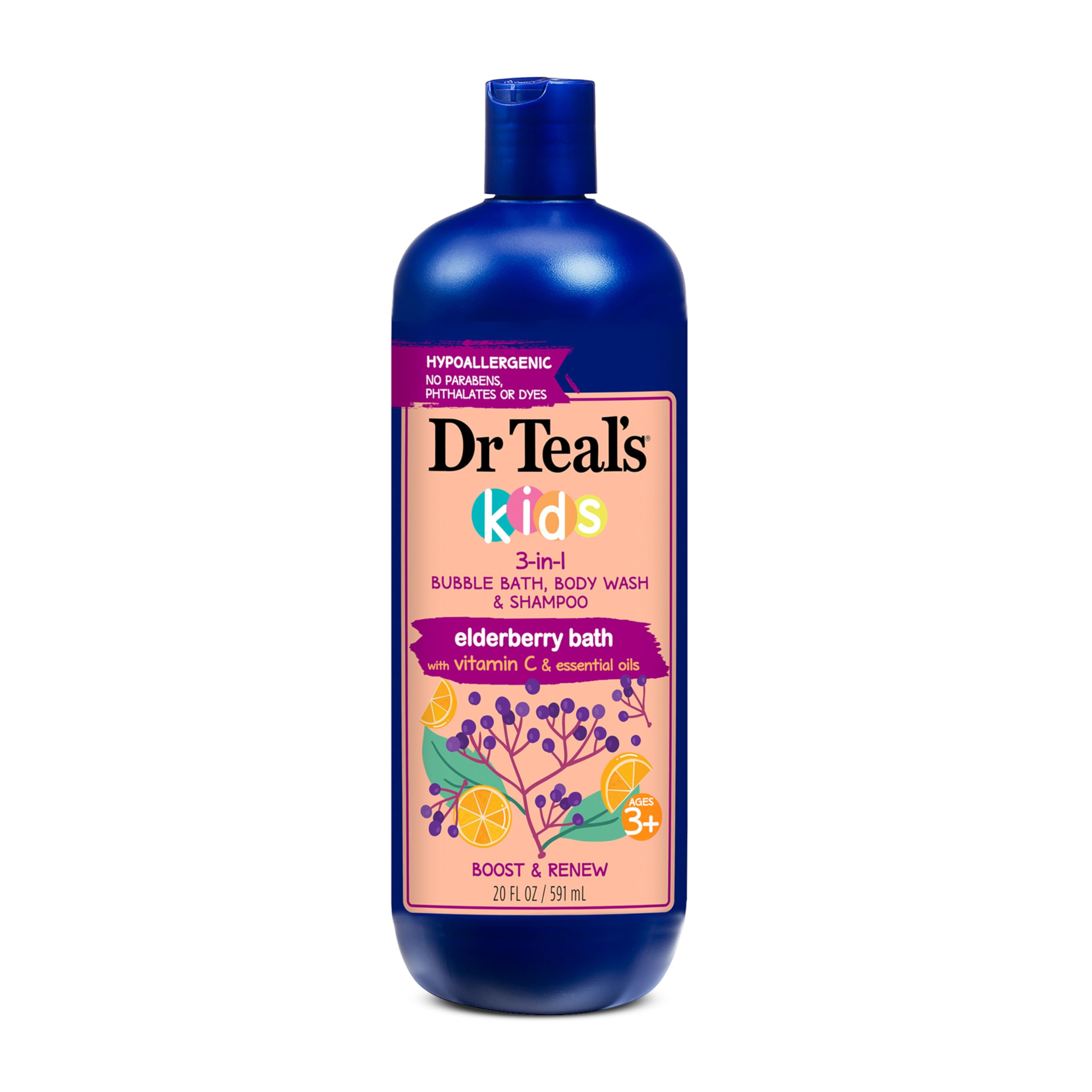 Dr Teal's Kids 3-in-1 Elderberry Bubble Bath, Body Wash & Shampoo with Gentle Epsom Salt - 20 fl oz & 2 lb Sleep Soak with Melatonin & Essential Oils (Pack of 3) | Relaxing Bedtime Bath for Kids, Calming Aromatherapy & Gentle Skin Care