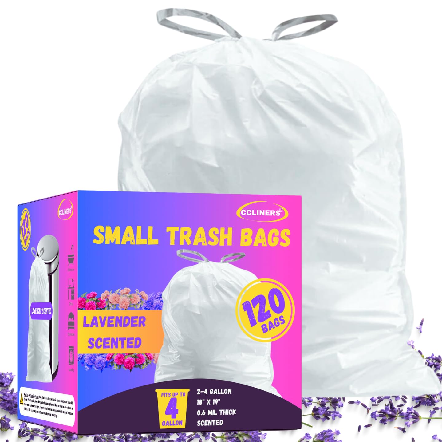 4 Gallon Lavender Scented Drawstring Trash Bags - 120 Count Small Bathroom Garbage Can Liners for Home, Office, Kitchen & Bedroom Waste Bins - Fresh Scented Odor Control for Daily Use