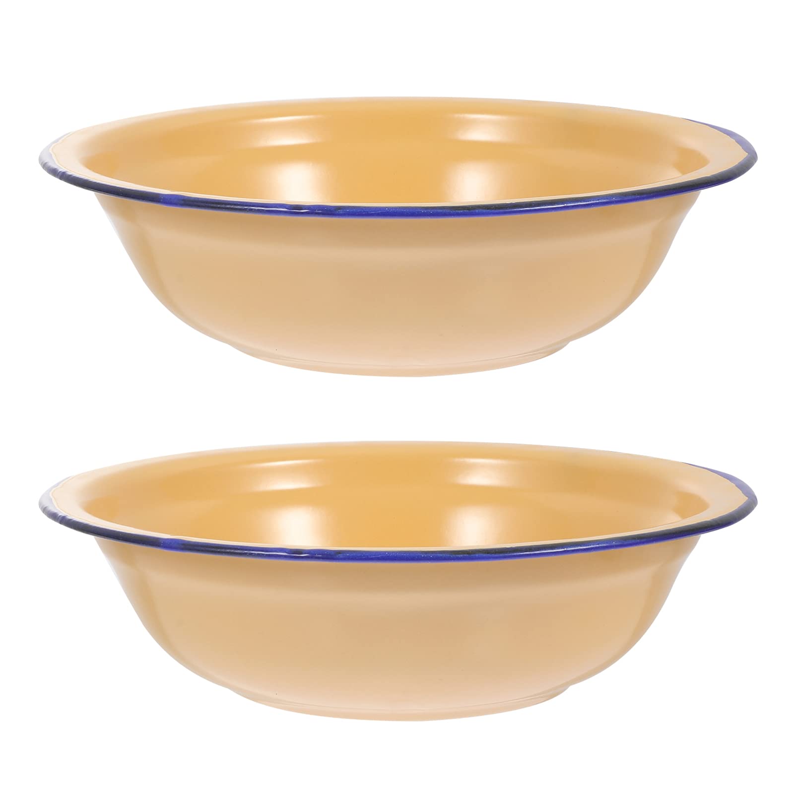 Vintage Enamel Bowls 2-Piece Set - Rustic Bathroom & Kitchen Decor - Thickened Enamel Mixing/Serving Bowls (22cm) - Ideal for Soup, Salad, Lasagna & Food Prep - Yellow Retro Tableware for Home & Restaurant Use