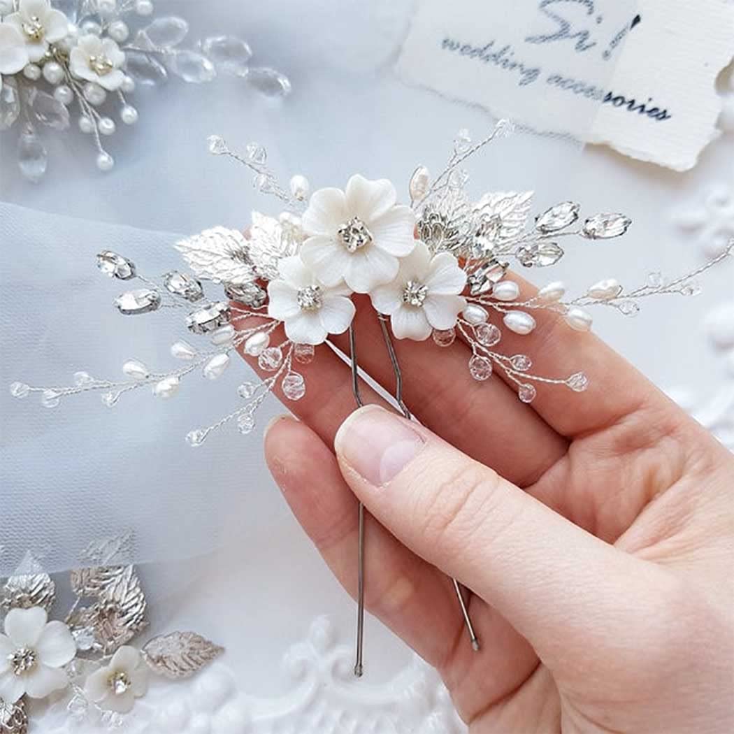 YBSHIN Silver Flower Hair Clips for Women - Rhinestone Bridal Headpieces with Pearls, Wedding Hair Accessories for Women & Girls | Perfect for Bridal Showers, Weddings, Prom & Special Occasions