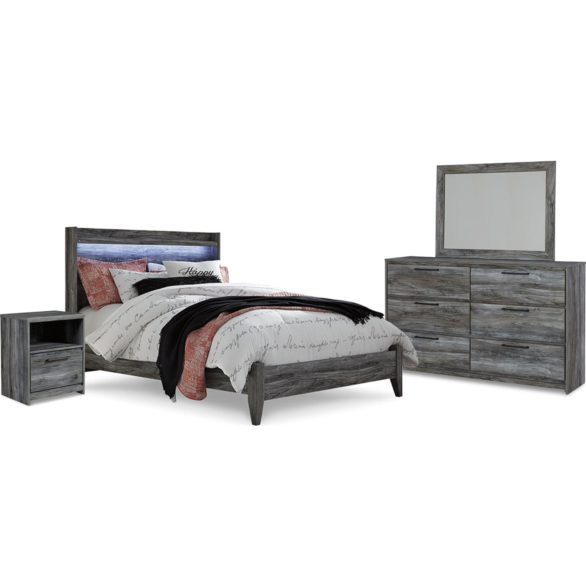 Baystorm 6-Piece Queen Size Bedroom Furniture Set in Gray - Modern Bed Frame, Nightstand & Dresser for Cozy Master Bedroom Decor