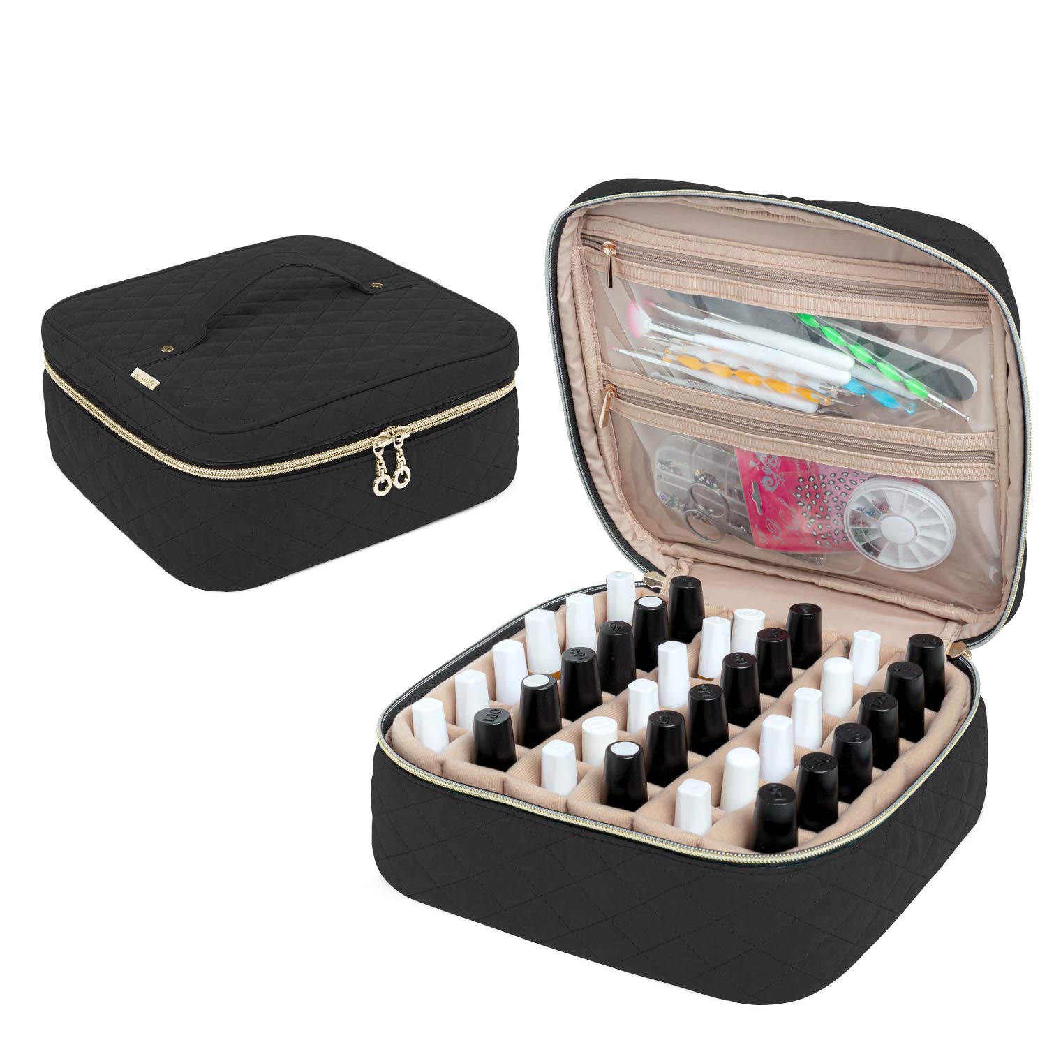Yarwo 36 Bottle Nail Polish Organizer Case - Portable Nail Varnish Storage Bag for 15ml/0.5oz Bottles, Nail Art Accessories Carrying Case (Black) - Perfect for Salon Professionals, Travel & Home Organization