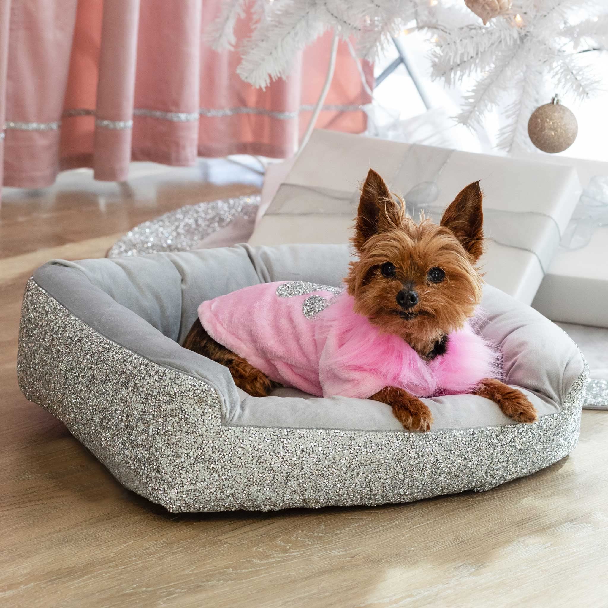 Luxury Sparkling Rhinestone Pet Bed - Soft Velvet Comfort for Dogs & Cats - Large Silver Pet Sofa - Perfect for Lounging & Relaxing at Home