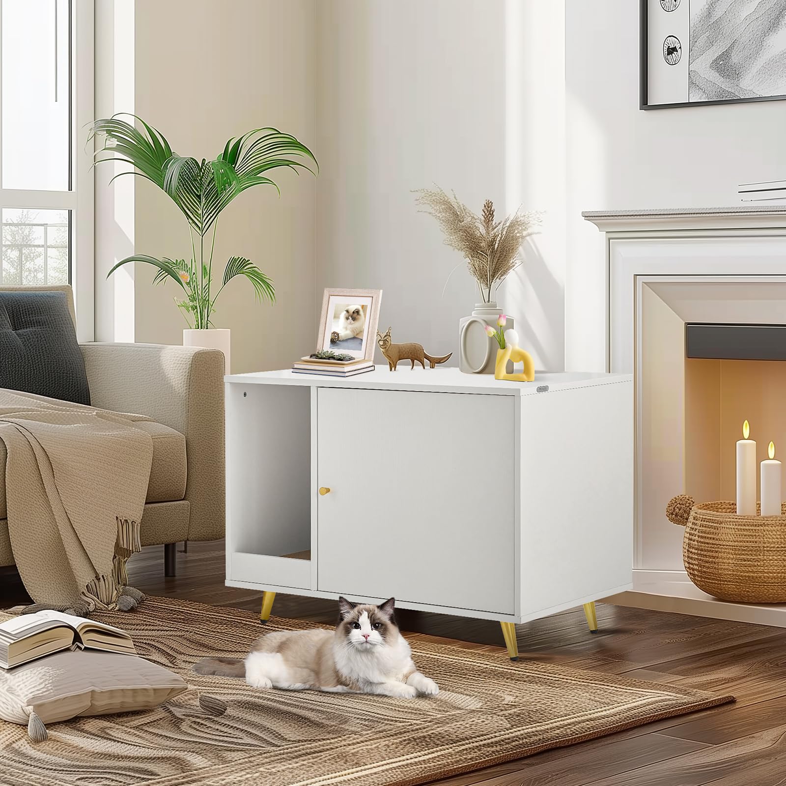 **Hidden Cat Litter Box Enclosure - Wooden Cat Washroom Cabinet with Scratcher, Kitten House & Side End Table - Pet Crate Furniture for Most Cats & Litter Boxes (White) | Perfect for Living Rooms, Bedrooms & Small Spaces**