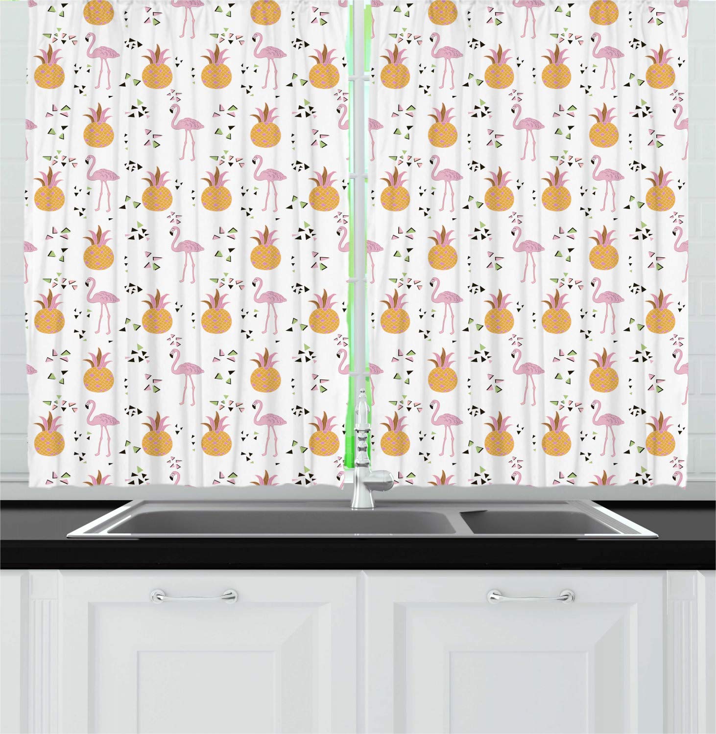 Ambesonne Flamingo Kitchen Curtains - Tropical Animals & Pineapples Memphis Style Window Drapes, 2 Panel Set 55