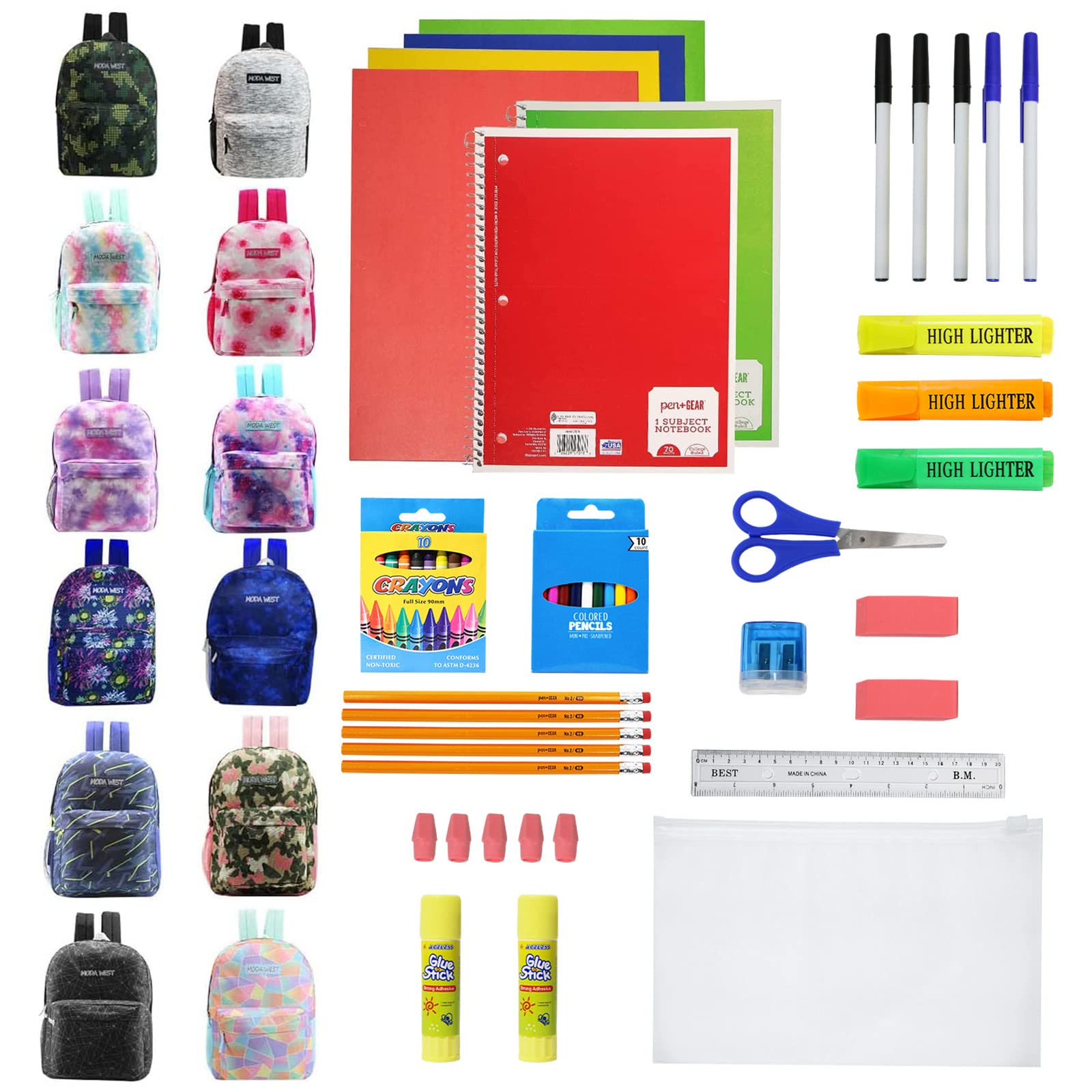12-Pack 17 Inch Sport Backpacks with 52-Piece School Supplies Kit - Includes Pens, Pencils & Crayons - Bulk Bundle for Elementary, Middle & High School Students - 12 Assorted Colors & Styles - Perfect for Back to School, Sports & Daily Use