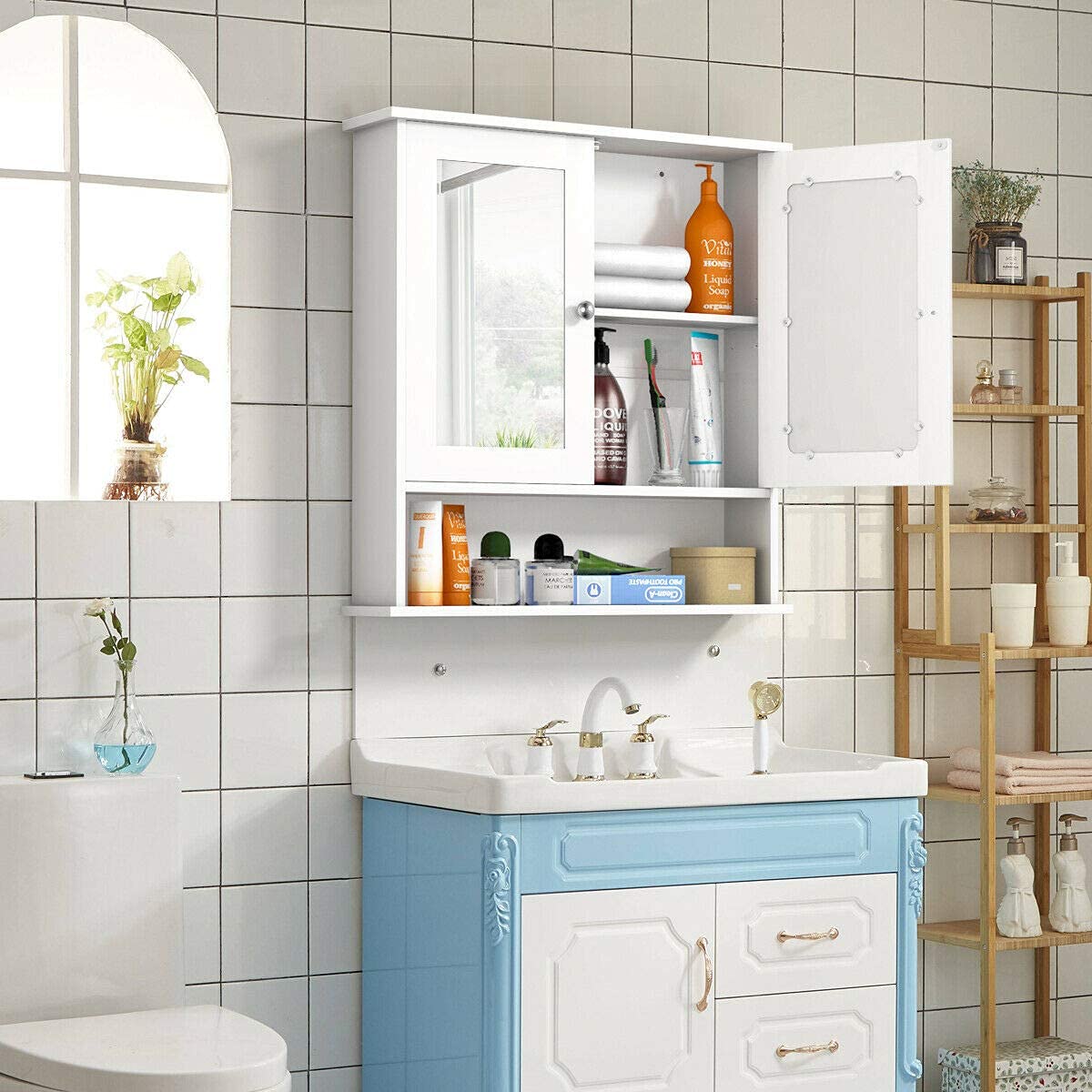 White Wall Mounted Wooden Bathroom Cabinet with Double Mirror Doors - Over Toilet Storage Organizer with Round Knobs for Bathroom, Kitchen, Bedroom - Perfect for Small Space Organization & Home Decor
