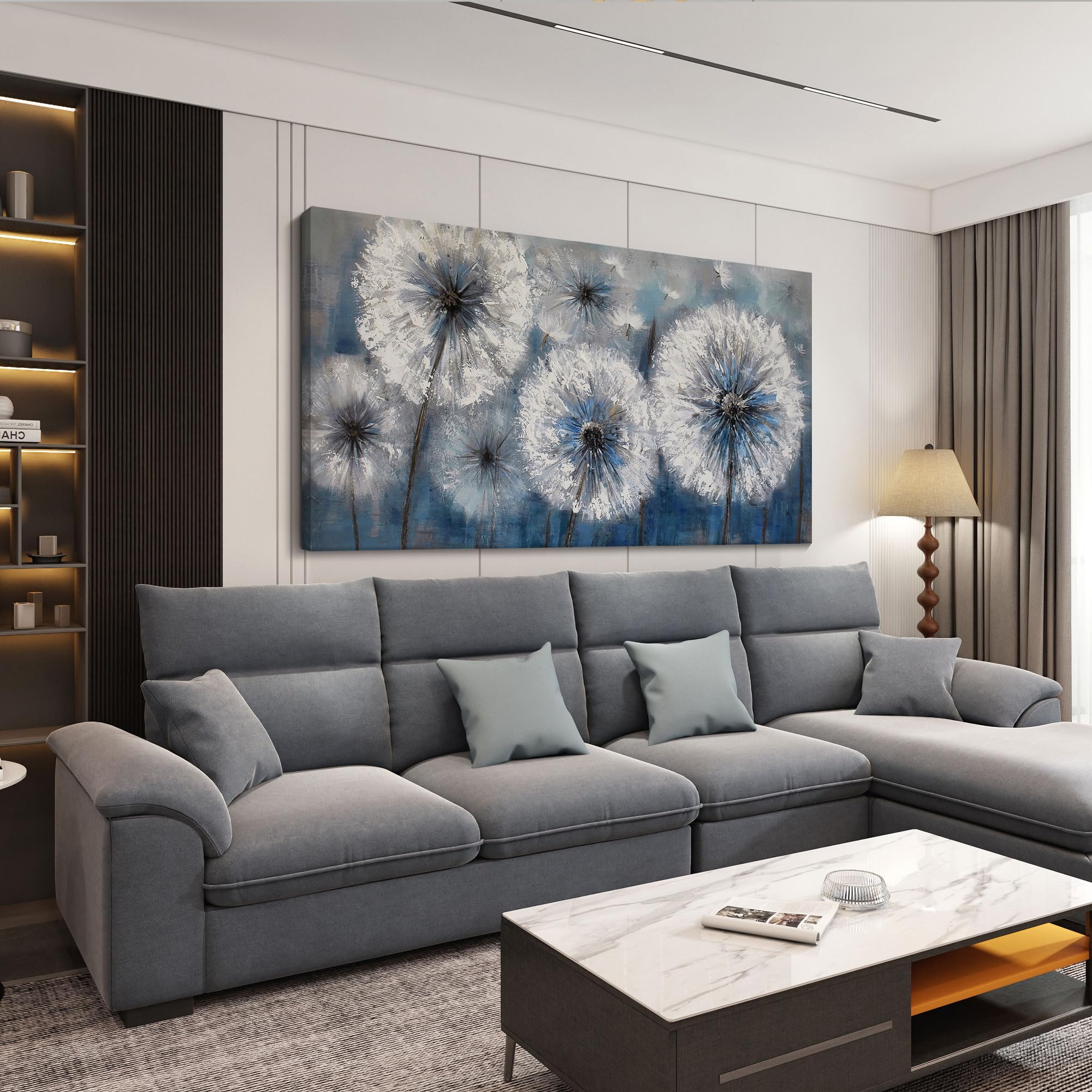Blue Dandelion Canvas Wall Art - Large 29x58 Inch Framed Modern Flower Painting for Living Room & Bedroom Decor - Perfect Above Bed or Sofa for Home & Office