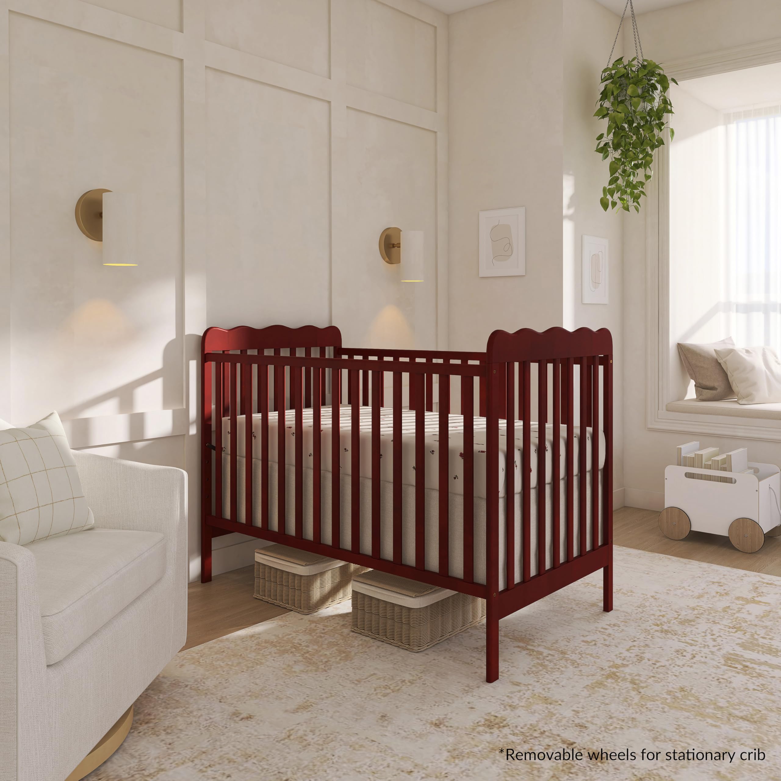Dream On Me Carson Classic 3-in-1 Convertible Crib - Cherry GreenGuard Gold & JPMA Certified Baby Crib with Locking Wheels | Converts to Toddler Daybed & Kids Sofa | Safe Nursery Furniture for Newborns & Toddlers | Perfect for Baby Rooms, Daycare Centers & Guest Rooms