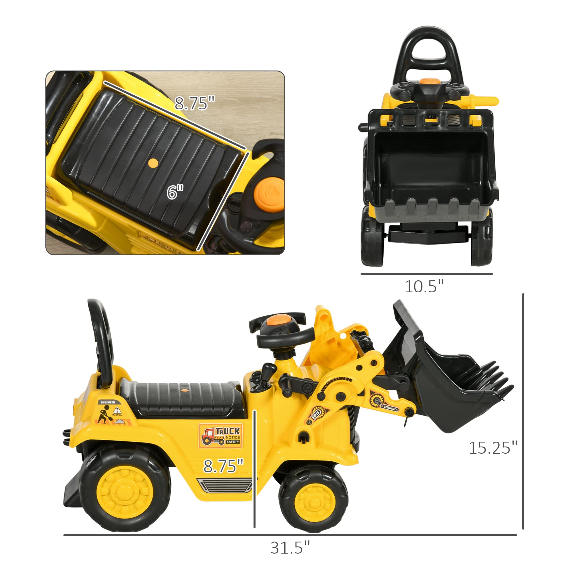 **HOMCOM Kids Ride-On Excavator Toy with Horn & Storage - Pretend Play Construction Truck for Toddlers 18-48 Months - Outdoor & Indoor Play, Birthday Gift Idea**