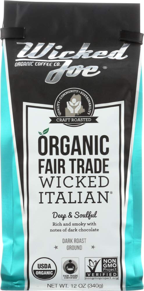 Wicked Joe Organic Italian Roast Ground Coffee, 12 oz Bag - Premium Dark Roast for Espresso & Drip Brewing at Home or Office
