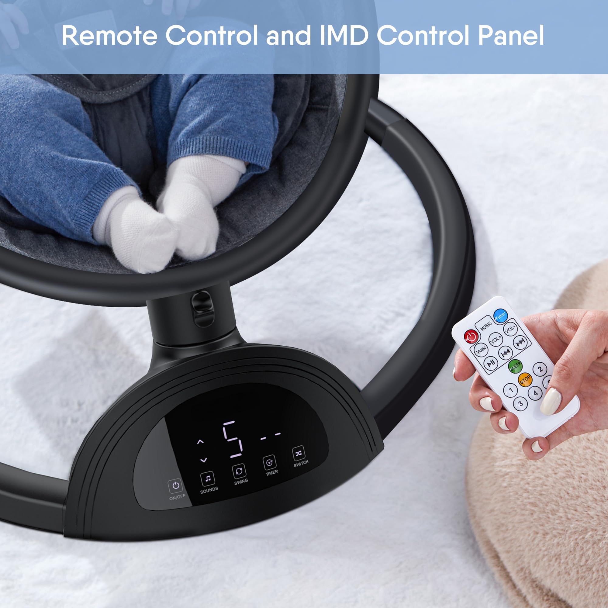 Baby Swing for Infants - Bluetooth Enabled Infant Swing with Music Speaker, 3 Adjustable Seat Positions, 5 Speed Settings & Remote Control - Portable Baby Rocker for Nursery, Travel, Indoor & Outdoor Use (Black)