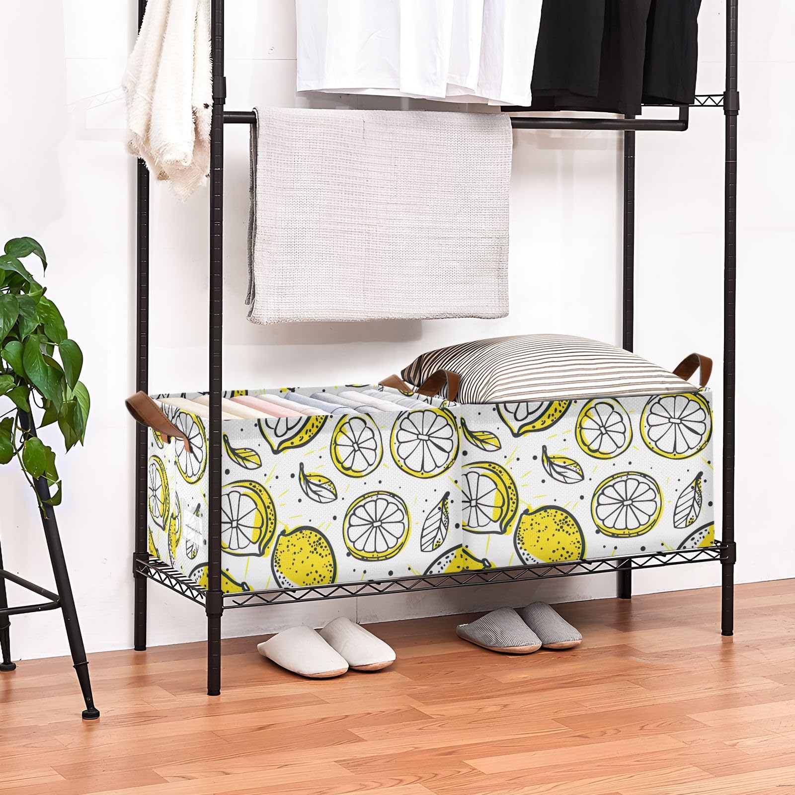 Foldable Storage Bins with Handles - 2 Pack Yellow Lemon Storage Cubes (16.9