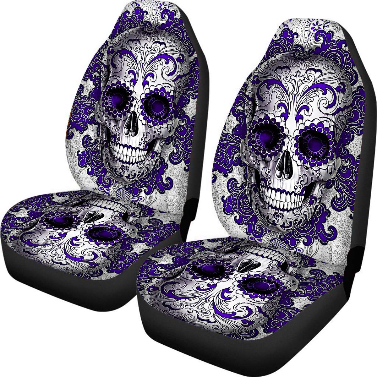 FKELYI Sugar Skull Printed Car Seat Covers - 2 Pack Front Seat Protectors for Most Vehicles | Easy Installation | Perfect for Road Trips & Custom Car Decor
