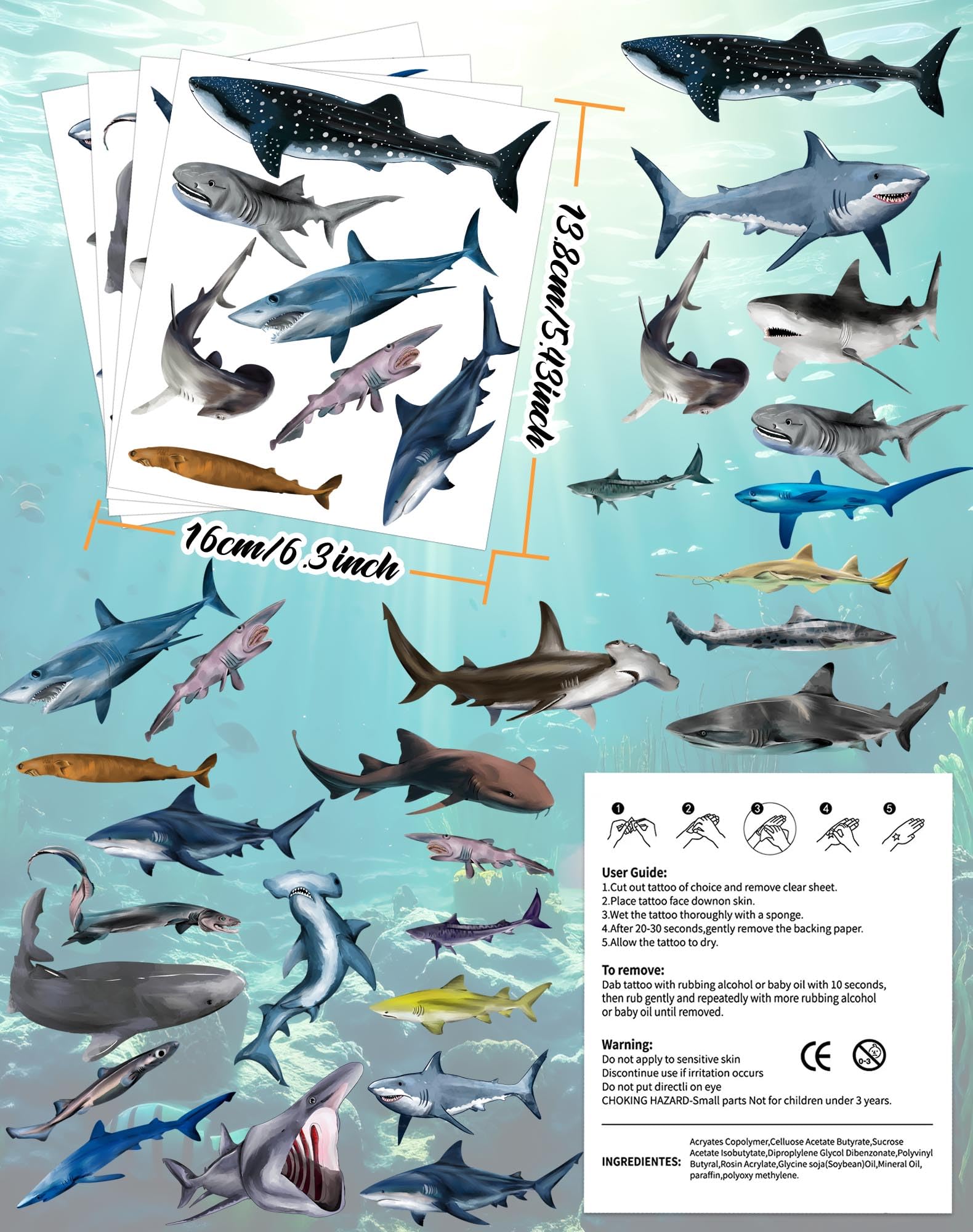108 Pieces Shark Tattoos Stickers - Waterproof Temporary Tattoos for Kids & Adults - Shark Party Decorations, Birthday Favors, Halloween Costume Accessories - Perfect for Pool Parties, Beach Events and Ocean Theme Celebrations