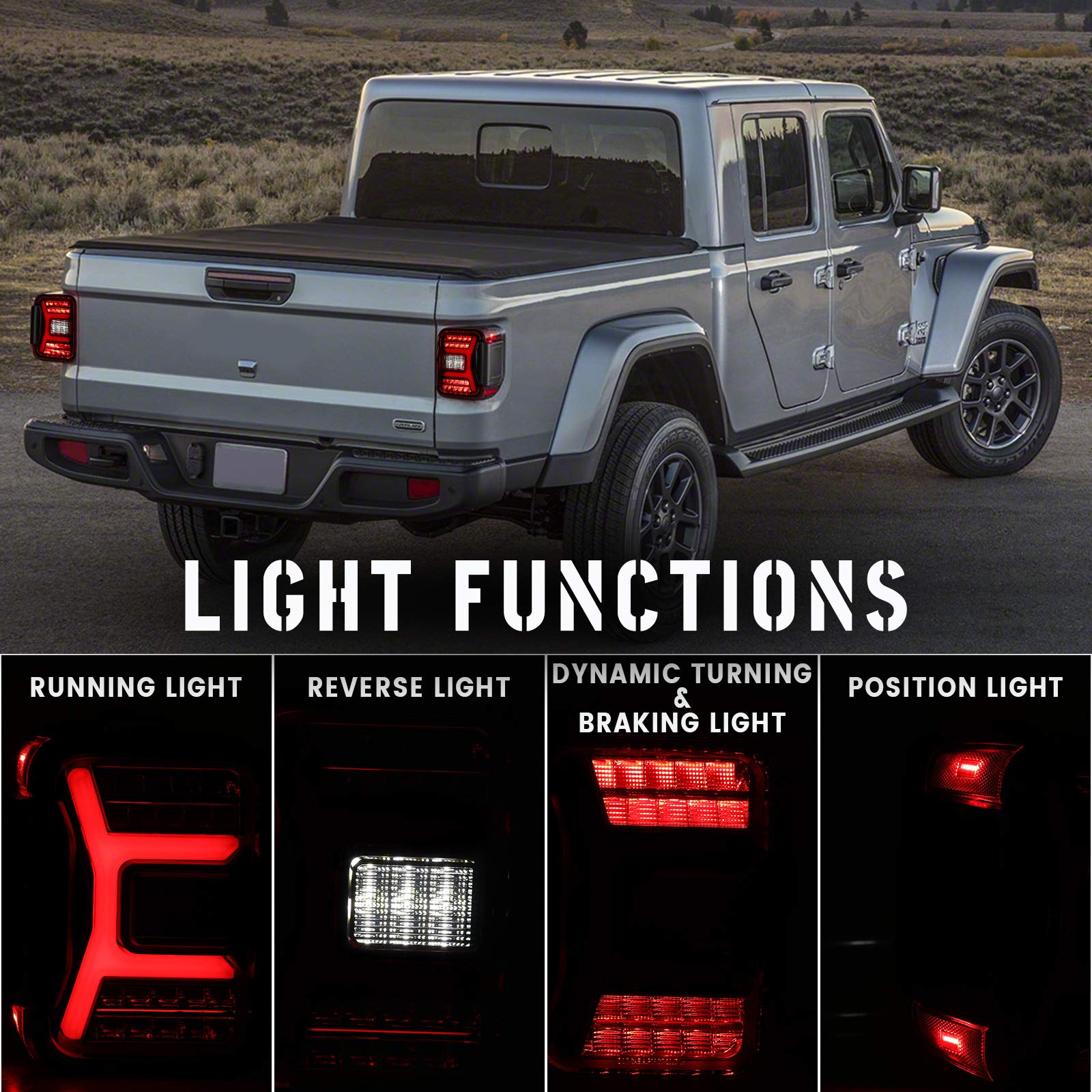 AUTOWIKI LED Tail Light Assembly for 2019-2021 Jeep Gladiator JT - Sequential Turn Signal Tail Lights Replacement - Black Red Lens - 1 Pair Rear Brake Tail Lamps - Perfect for Off-Roading & Night Driving