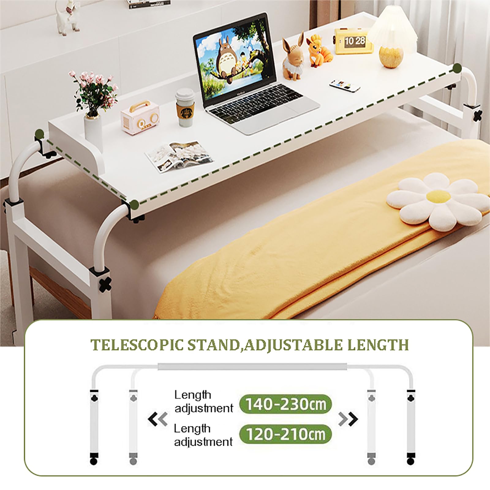 Adjustable Height Overbed Table with Wheels - Rolling Desk for Bed, King Size Wooden Bedside Laptop Table - Mobile Computer Workstation for Full, Queen & King Beds - Perfect for Home Office, Hospital Use, and Bedside Dining