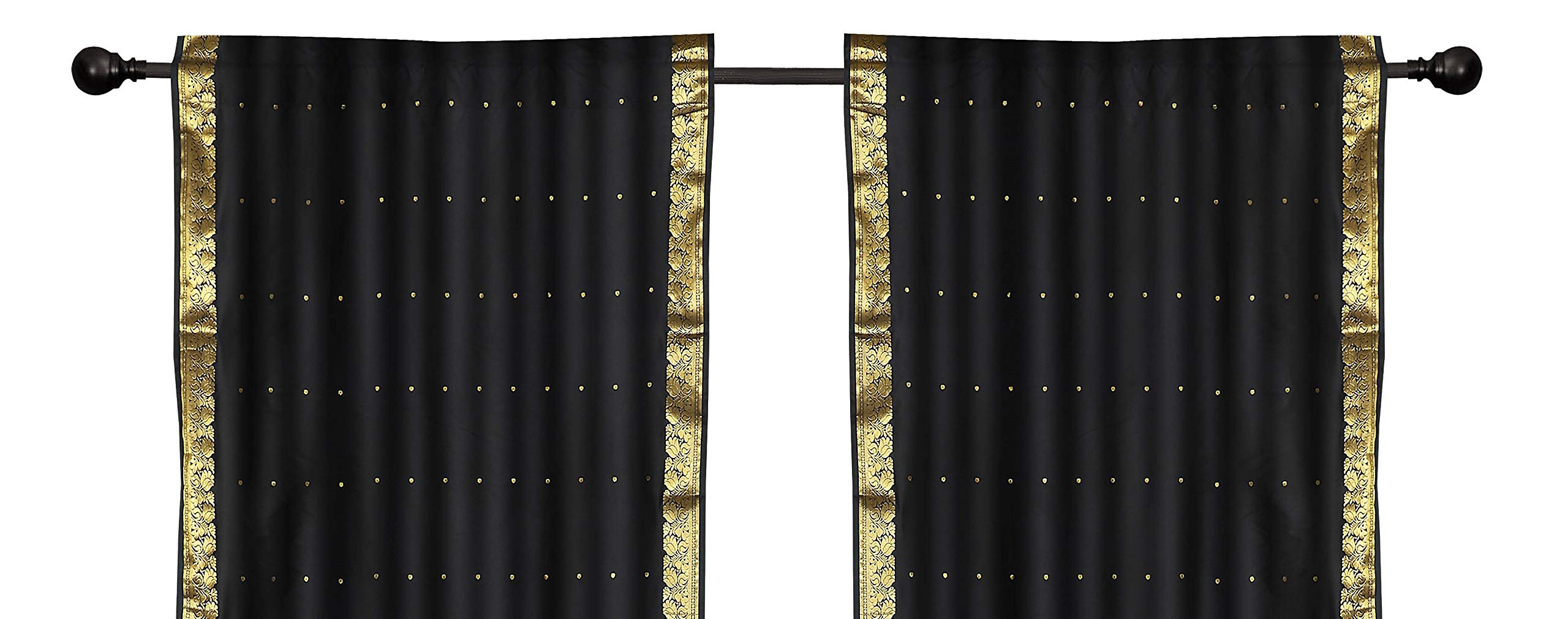 2 Panel Boho Black Indian Sari Curtains with Rod Pocket - 43 Inch Wide x 63 Inch Long - Elegant Window Drapes for Living Room, Bedroom & Home Decor