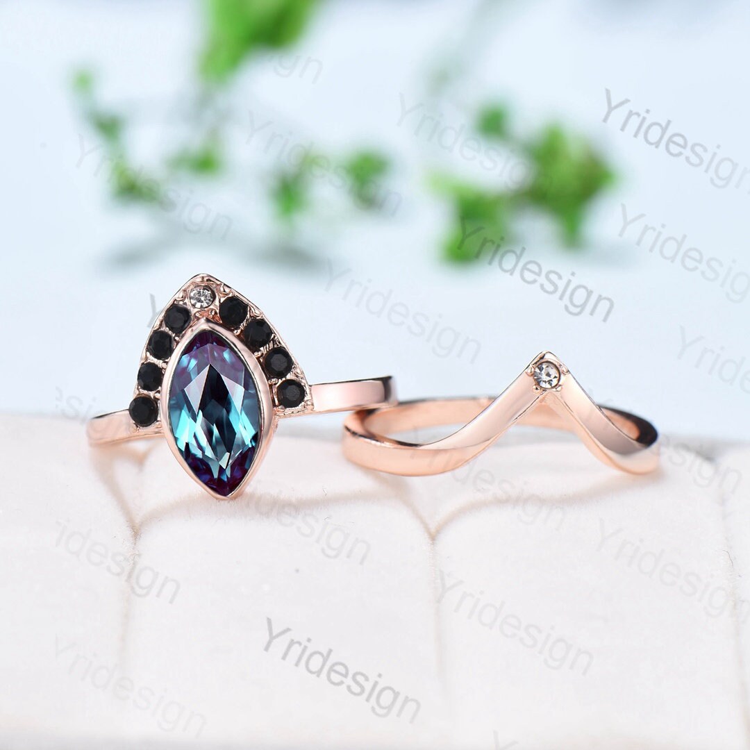 10x5mm Marquise Cut Alexandrite Ring Set - Vintage Unique Bezel Set Alexandrite Engagement Ring in Rose Gold with Black Diamonds | Women's Wedding Jewelry for Anniversary, Proposal & Special Occasions