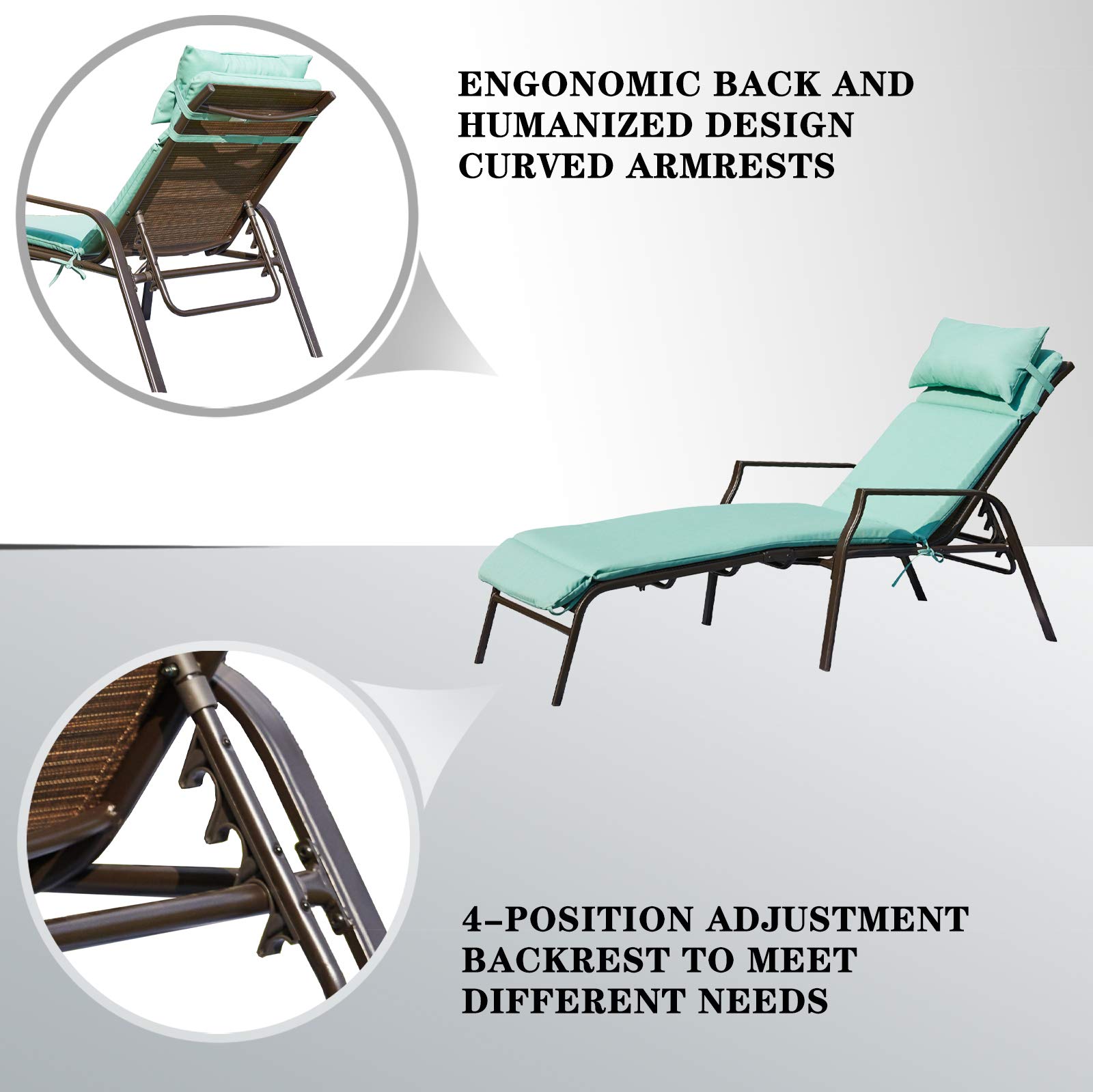 Festival Depot 3-Piece Outdoor Chaise Lounge Set - 2 Adjustable Back Patio Chairs with Removable Cushions + 1 Bistro Table - Light Blue Poolside, Lawn, Deck & Garden Furniture for Relaxing & Entertaining