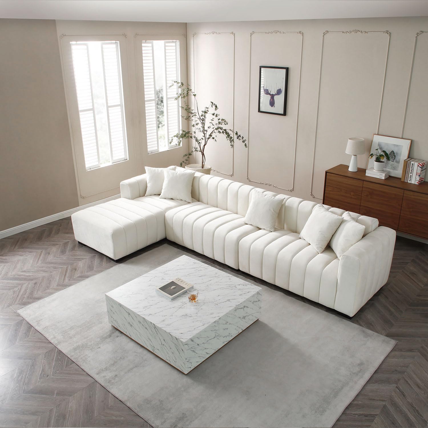 Kevinplus 140'' L-Shaped Sectional Sofa with Chaise Lounge - Modern Velvet 5-Seat Couch for Living Room, Home Office & Apartment - Includes 5 Pillows (Left Chaise, Beige) | Perfect for Family Gatherings, Movie Nights & Contemporary Home Decor