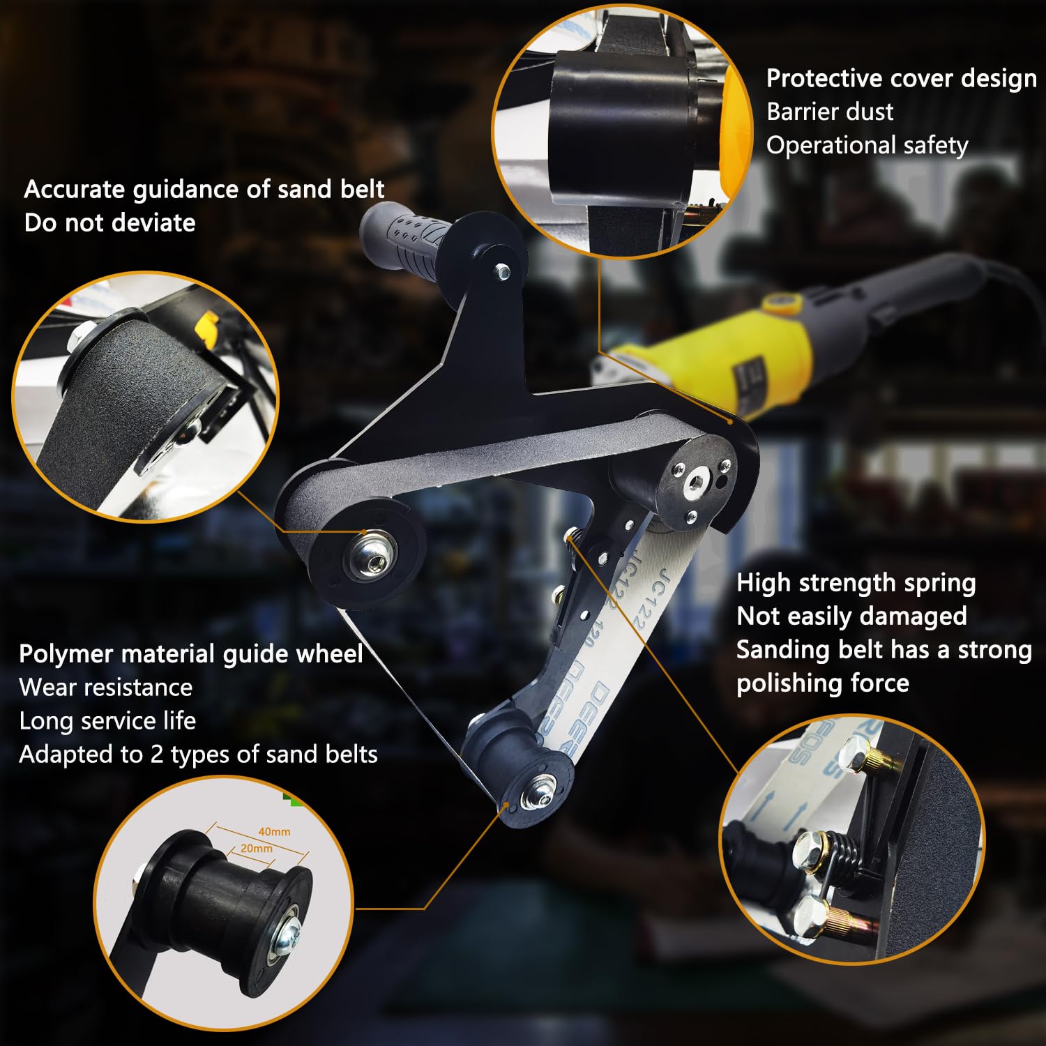 Angle Grinder Belt Sander Adapter - 5/8-11 Thread Pipe & Tube Sanding Attachment - 5pc Silicon Carbide Sand Belts - Professional Metal Polishing & Woodworking Tool for Rust Removal - Perfect for DIY Projects, Automotive Repair & Furniture Refinishing
