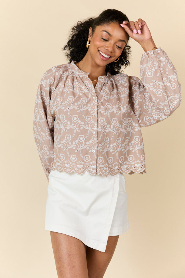 Downtown Delight Women's Embroidered Tan Blouse - Elegant Floral Design Casual Top for Work & Date Night | Perfect for Office, Party & Spring Outfits