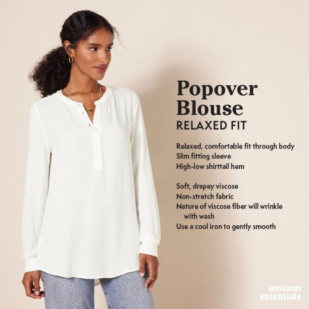 Amazon Essentials Women's Long-Sleeve Woven Blouse - Soft Casual Button Down Shirt for Work & Everyday Wear | Comfortable Office & Weekend Outfit
