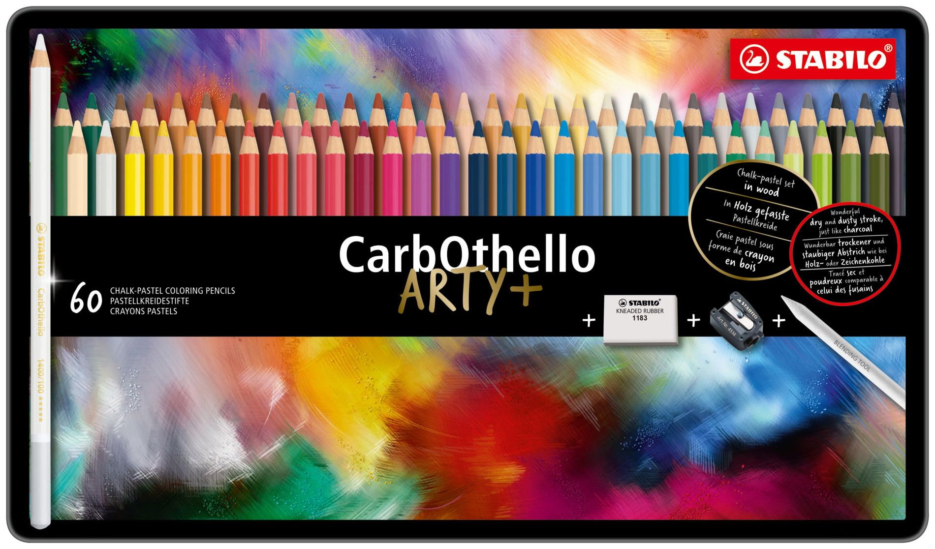 STABILO CarbOthello Chalk-Pastel Artist Colored Pencils Set of 60 with Eraser, Sharpener & Blender - Create Watercolor Effects for Drawing, Sketching & Professional Artwork