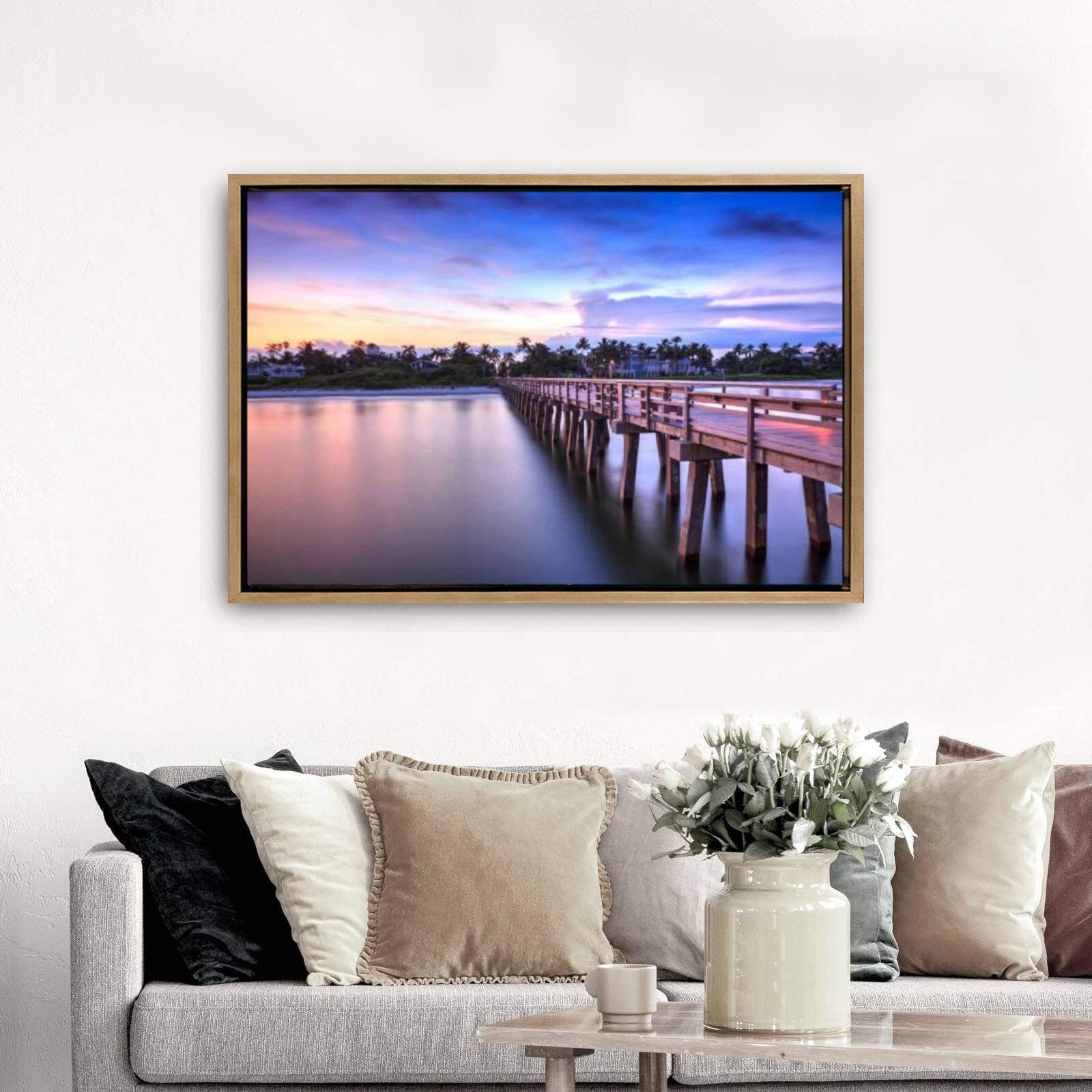 Sunrise Over Naples Pier Framed Canvas Wall Art - Large Wooden Framed Painting of Dawn Fishing Scene - Ready to Hang Home Decor for Living Room & Bedroom - Perfect for Coastal & Nautical Themed Interiors