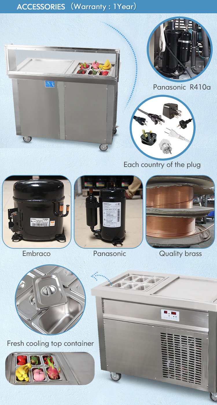 Kolice Commercial Single Square Pan Ice Cream Maker with 6 Refrigerated Buckets - Automatic Defrost & Sneeze Guard for Rolled Ice Cream & Instant Fried Desserts - Perfect for Ice Cream Shops, Cafes & Dessert Businesses
