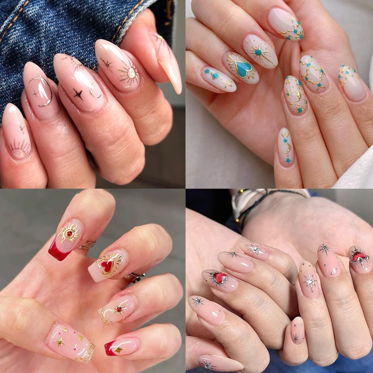8 Sheets Sun Moon Star Nail Stickers - Silver Gold Heart 3D Self-Adhesive Nail Art Decals for DIY Manicure, Blue Green Red Stars Nail Design Stickers for Women & Girls - Perfect for Parties, Holidays & Nail Salon Decoration