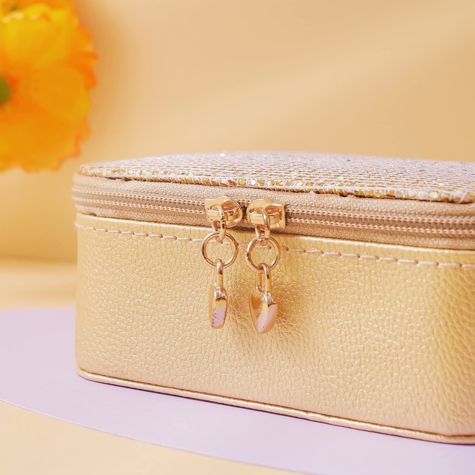 Portable Leather Jewelry Organizer Box for Women - Mini Travel Jewelry Case with Earring & Ring Storage - Perfect Gift for Travel, Home, Office (Gold)