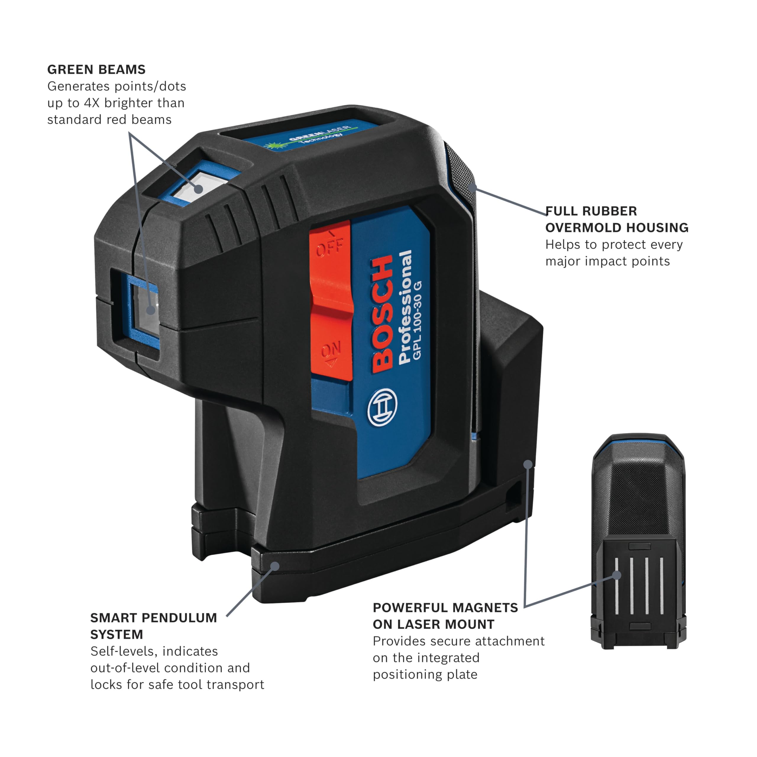 BOSCH GPL100-30G Green-Beam Self-Leveling Alignment Laser with 2 AA Batteries, Built-In Multipurpose Mount & Hard Carrying Case - Perfect for Construction, Renovation and DIY Home Improvement Projects