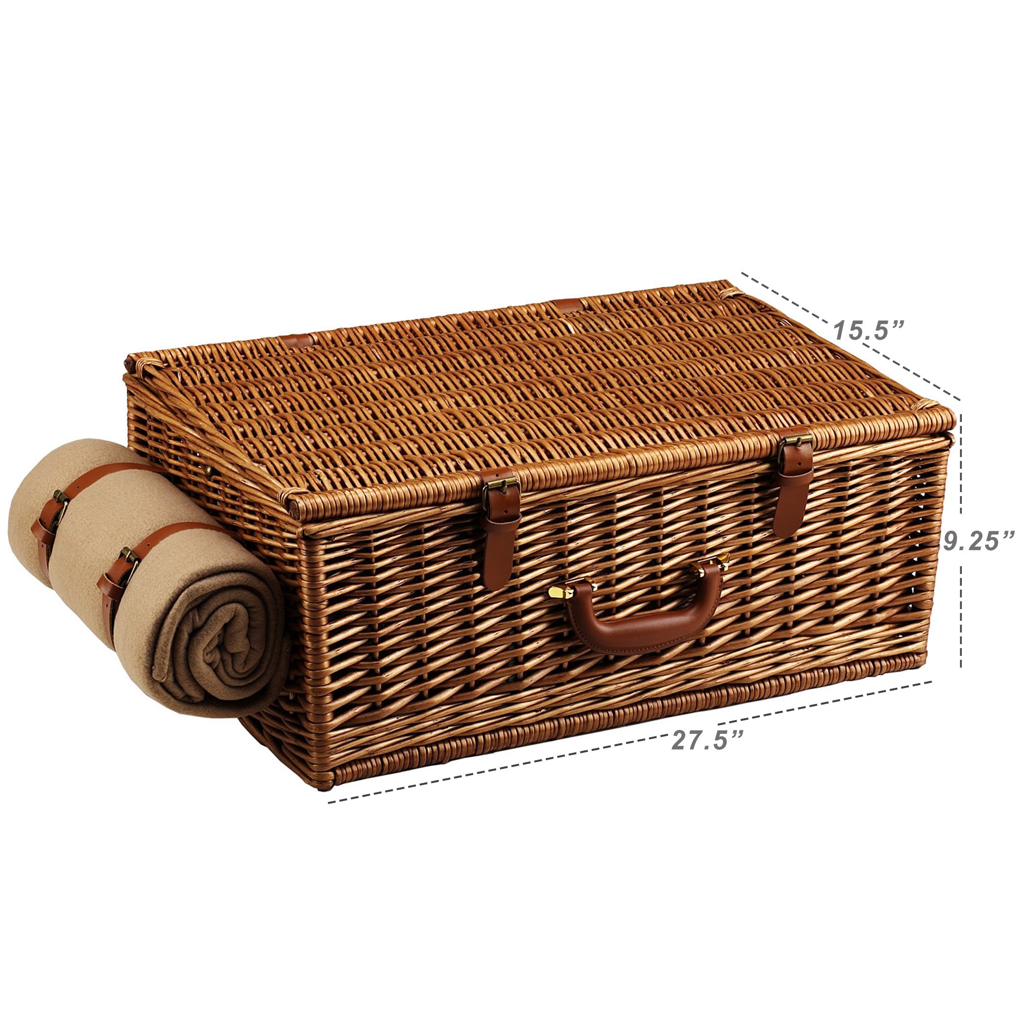 English-Style Willow Picnic Basket for 4 with Coffee Set & Blanket | Handcrafted in USA | Perfect for Outdoor Gatherings, Beach Picnics & Romantic Dates
