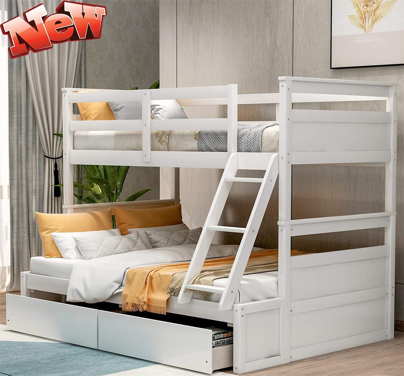 Tenouvos Solid Wood Twin Over Full Bunk Bed Frame - Convertible, Durable with 2 Storage Drawers & Ladder - Ideal for Kids, Teens & Adults (White) - Perfect for Small Bedrooms, Guest Rooms & Vacation Homes