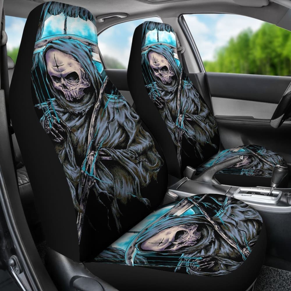 2 Pcs Gothic Skull Car Seat Covers - Premium Universal Fit for Cars, Trucks & SUVs - Black Skull Design - Perfect for Halloween, Gothic Style & Car Accessories